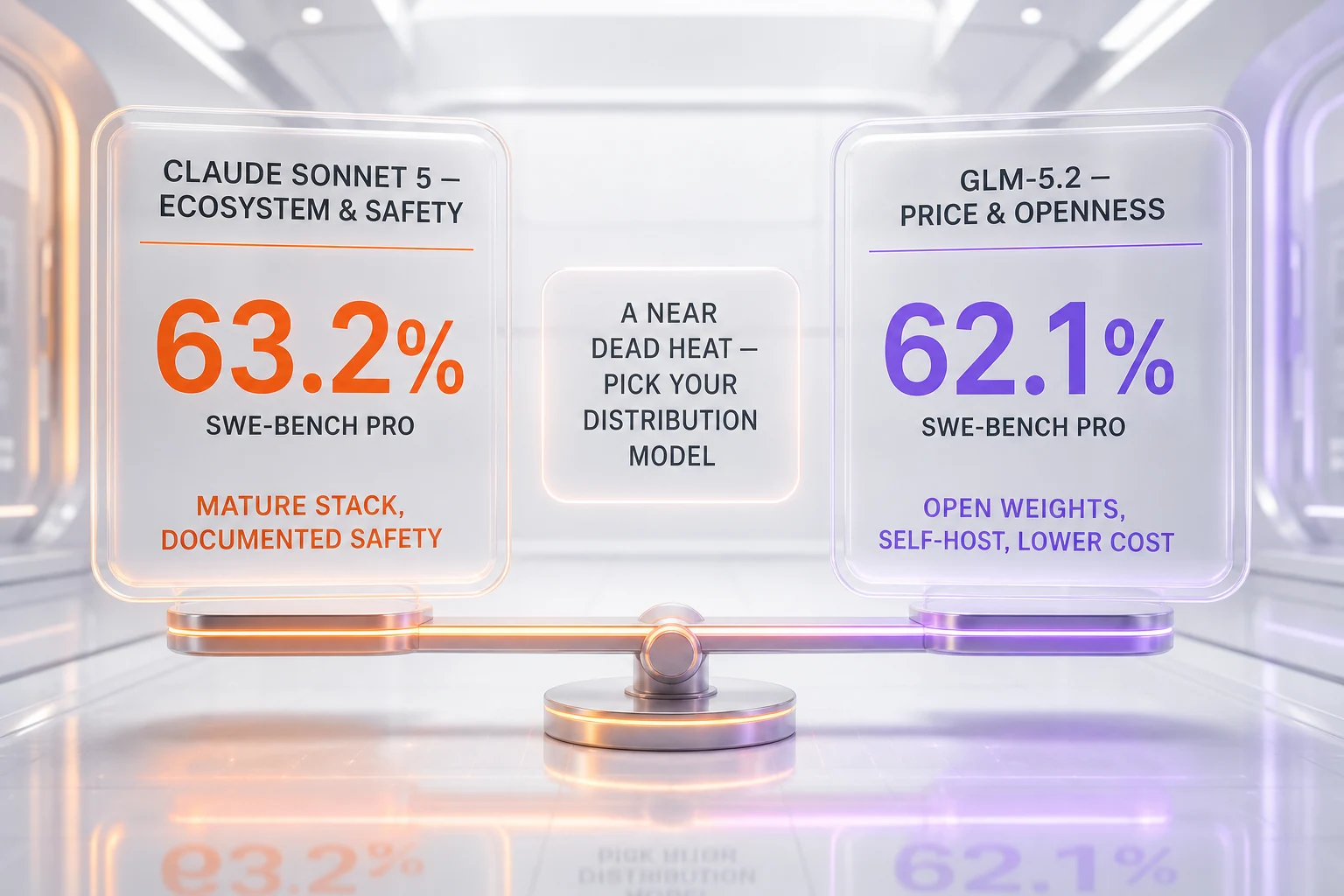 Claude Sonnet 5 vs GLM-5.2 verdict — a near dead heat on SWE-bench Pro (63.2% vs 62.1%); choose Sonnet 5 for ecosystem and safety, GLM-5.2 for price and openness