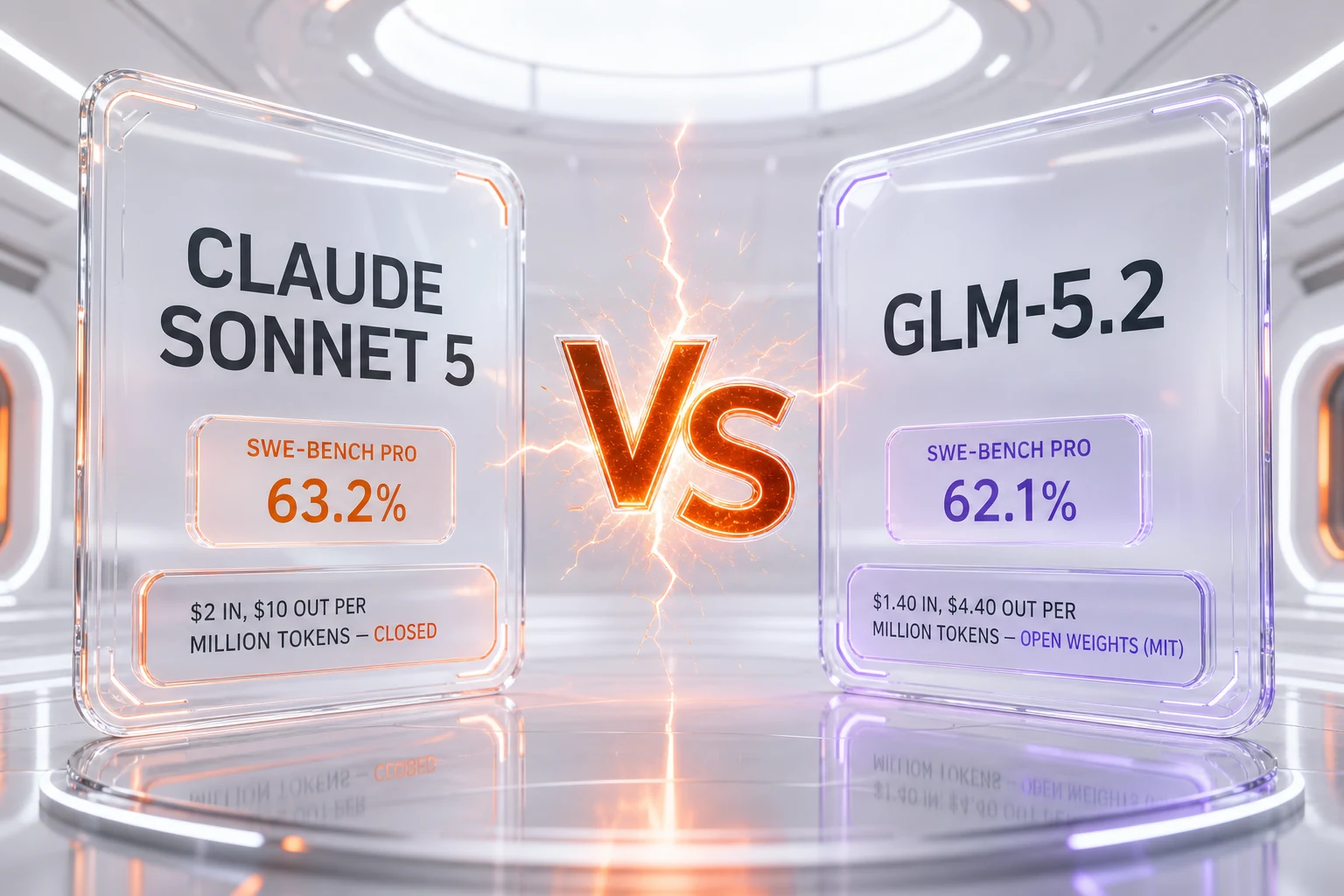 Claude Sonnet 5 vs GLM-5.2 — SWE-bench Pro 63.2% vs 62.1%, closed ecosystem versus open weights, side-by-side comparison by ThePlanetTools