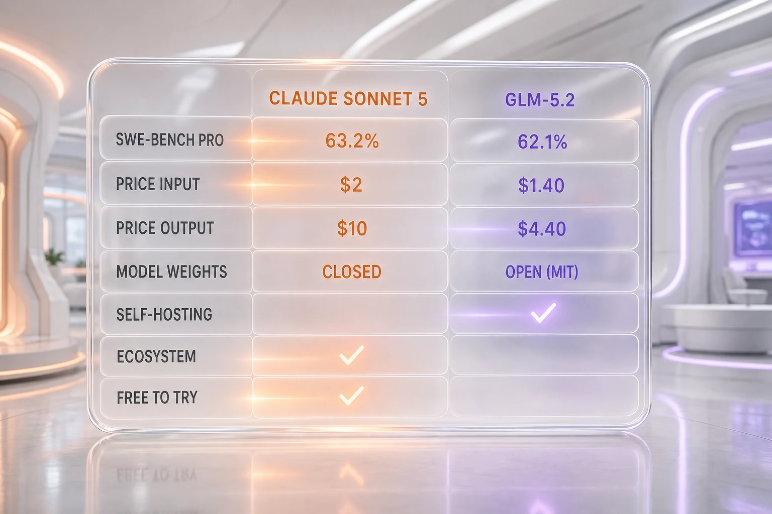 Claude Sonnet 5 vs GLM-5.2 feature comparison — SWE-bench Pro 63.2% vs 62.1%, pricing per million tokens, closed vs open weights, and category winners