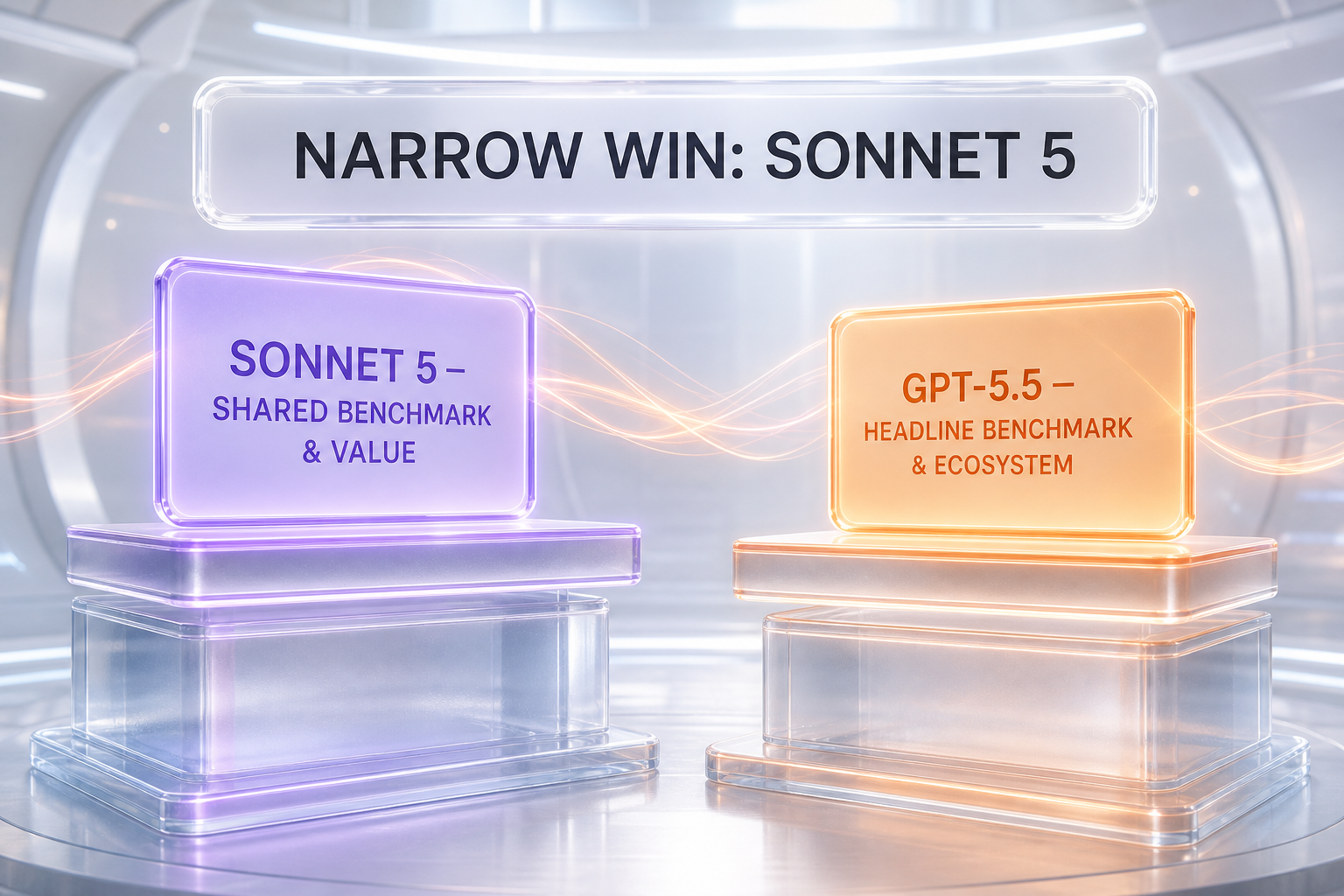 Claude Sonnet 5 vs GPT-5.5 verdict illustration — Sonnet 5 wins shared benchmark and price, GPT-5.5 wins headline benchmark and ecosystem