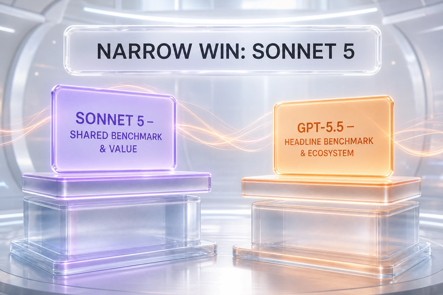 Claude Sonnet 5 vs GPT-5.5 verdict illustration — Sonnet 5 wins shared benchmark and price, GPT-5.5 wins headline benchmark and ecosystem