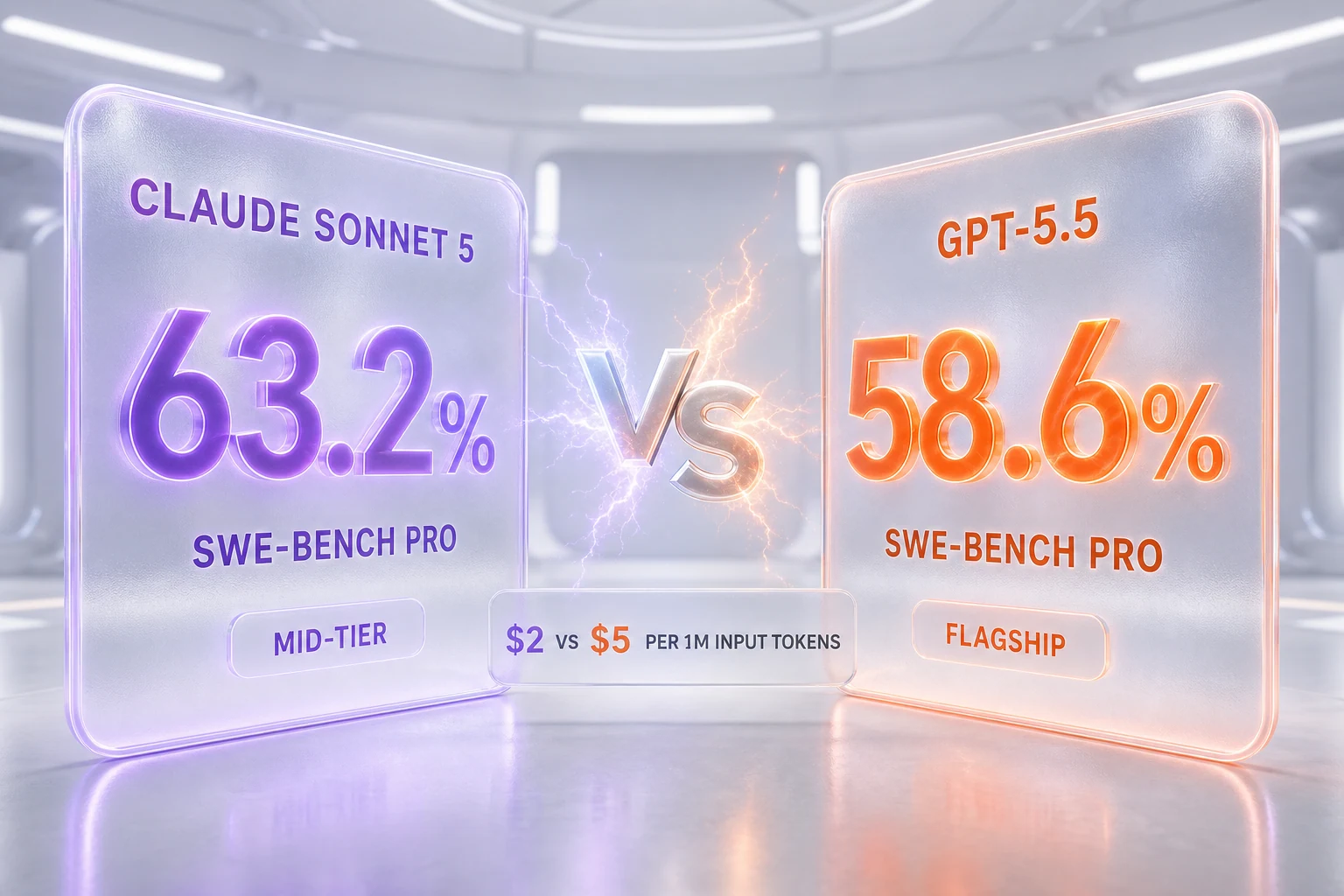Claude Sonnet 5 vs GPT-5.5 comparison illustration — Anthropic mid-tier model against OpenAI flagship, 63.2% vs 58.6% on SWE-bench Pro