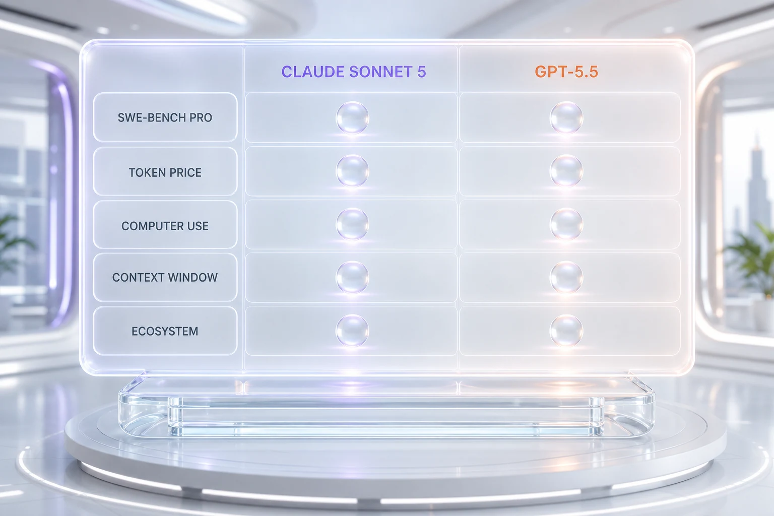 Claude Sonnet 5 versus GPT-5.5 comparison table illustration — SWE-bench Pro, SWE-bench Verified, pricing, context window, reasoning control, ecosystem