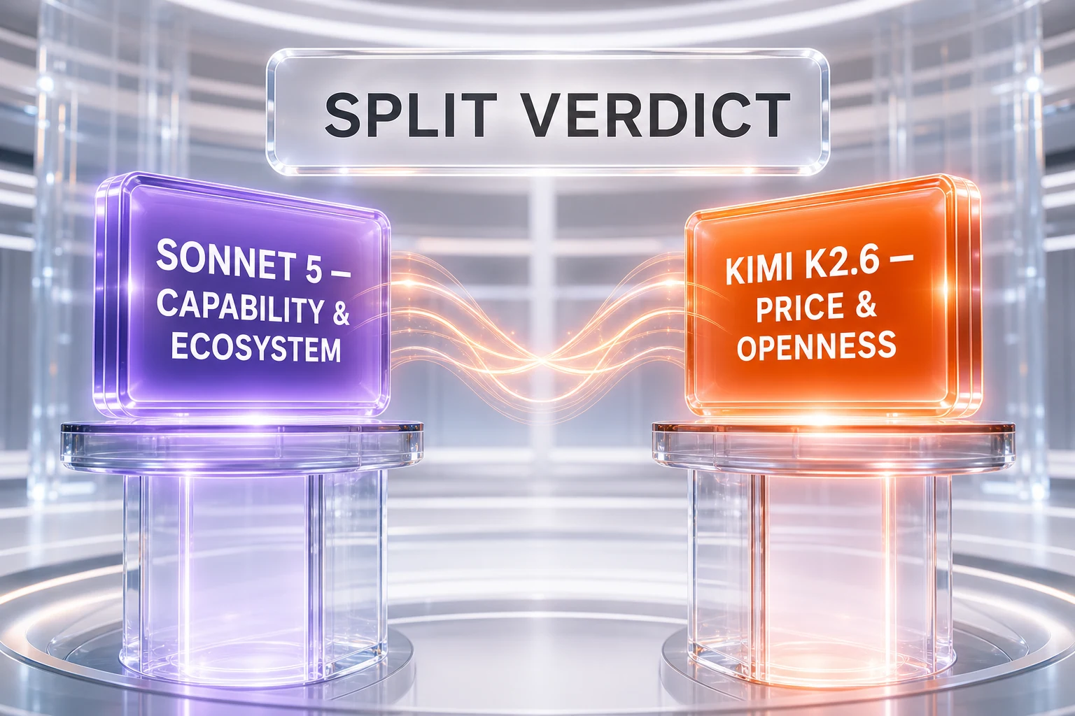 Claude Sonnet 5 vs Kimi K2.6 verdict illustration — Sonnet 5 wins capability and ecosystem, Kimi K2.6 wins price and openness