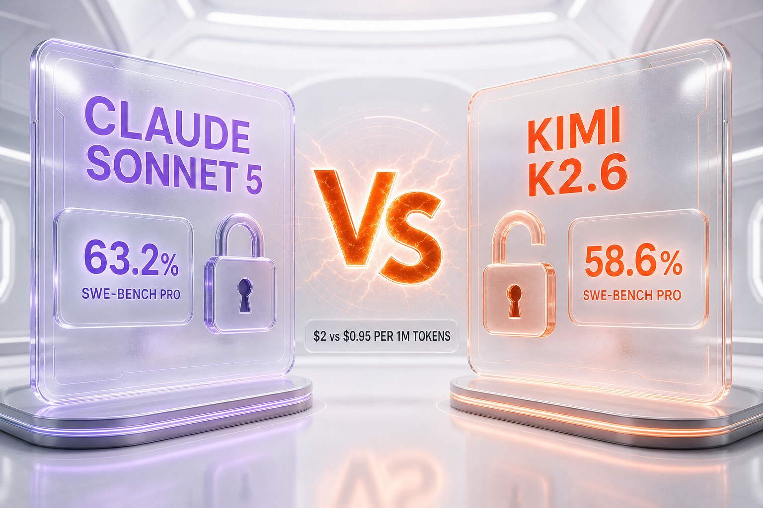 Claude Sonnet 5 vs Kimi K2.6 comparison illustration — closed capability versus open-weight price, 63.2% vs 58.6% SWE-bench Pro