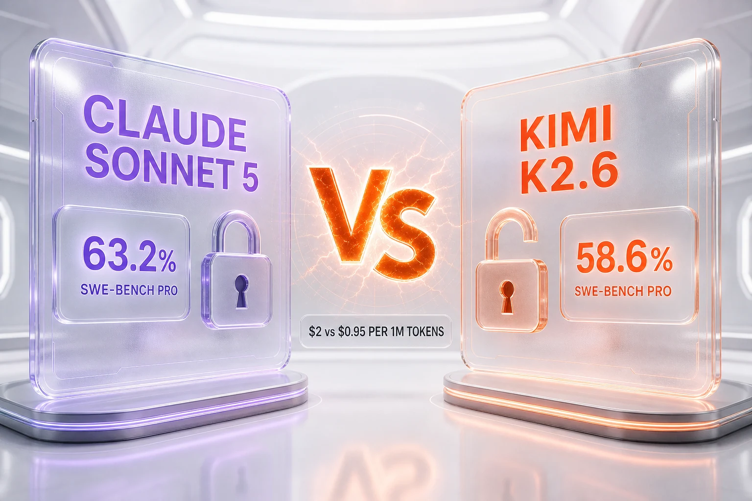 Claude Sonnet 5 vs Kimi K2.6 comparison illustration — closed capability versus open-weight price, 63.2% vs 58.6% SWE-bench Pro