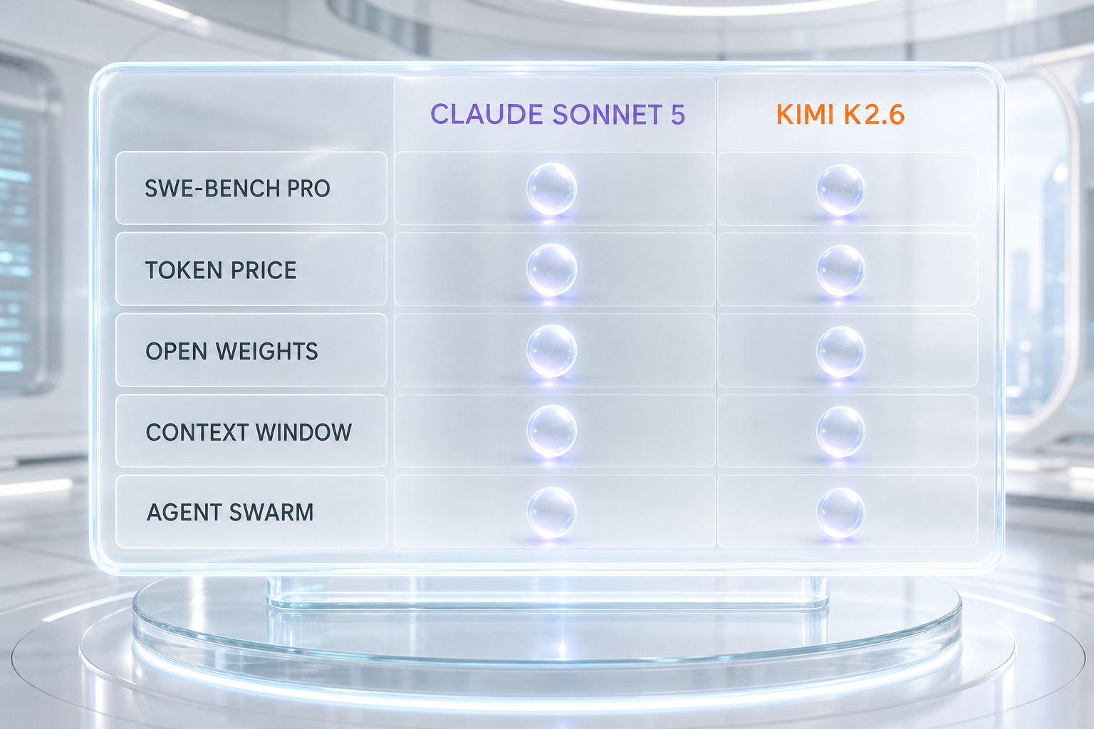 Claude Sonnet 5 versus Kimi K2.6 comparison table illustration — SWE-bench Pro, pricing, open weights, context window, agent orchestration