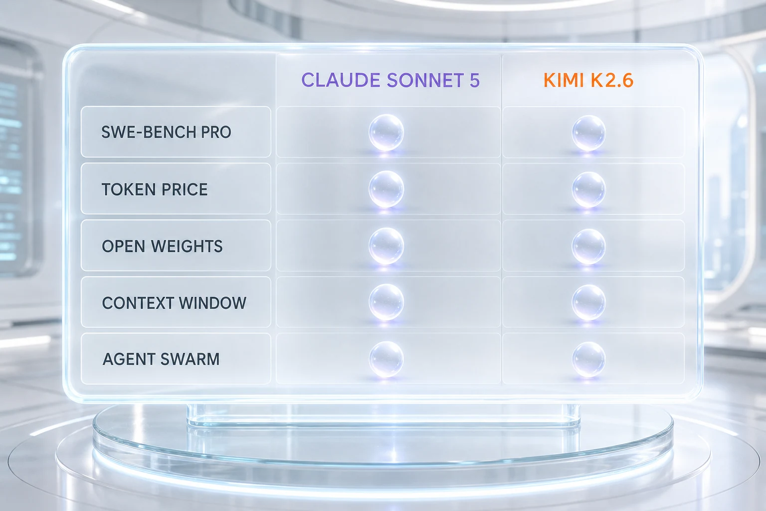 Claude Sonnet 5 versus Kimi K2.6 comparison table illustration — SWE-bench Pro, pricing, open weights, context window, agent orchestration