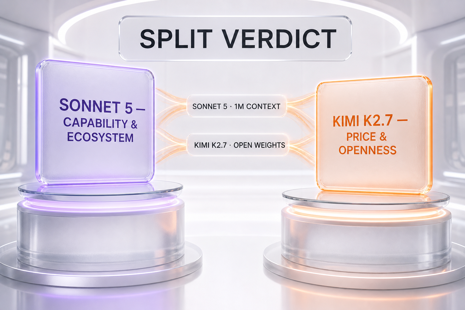 Split verdict — Claude Sonnet 5 wins capability and ecosystem, Kimi K2.7 wins price and openness