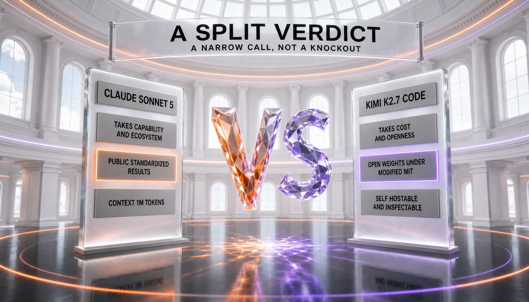 The split verdict for Claude Sonnet 5 against Kimi K2.7 Code — Sonnet 5 takes capability and ecosystem with public standardized results and a 1M-token context, while Kimi K2.7 Code takes cost and openness with self-hostable, inspectable weights under a Modified MIT license