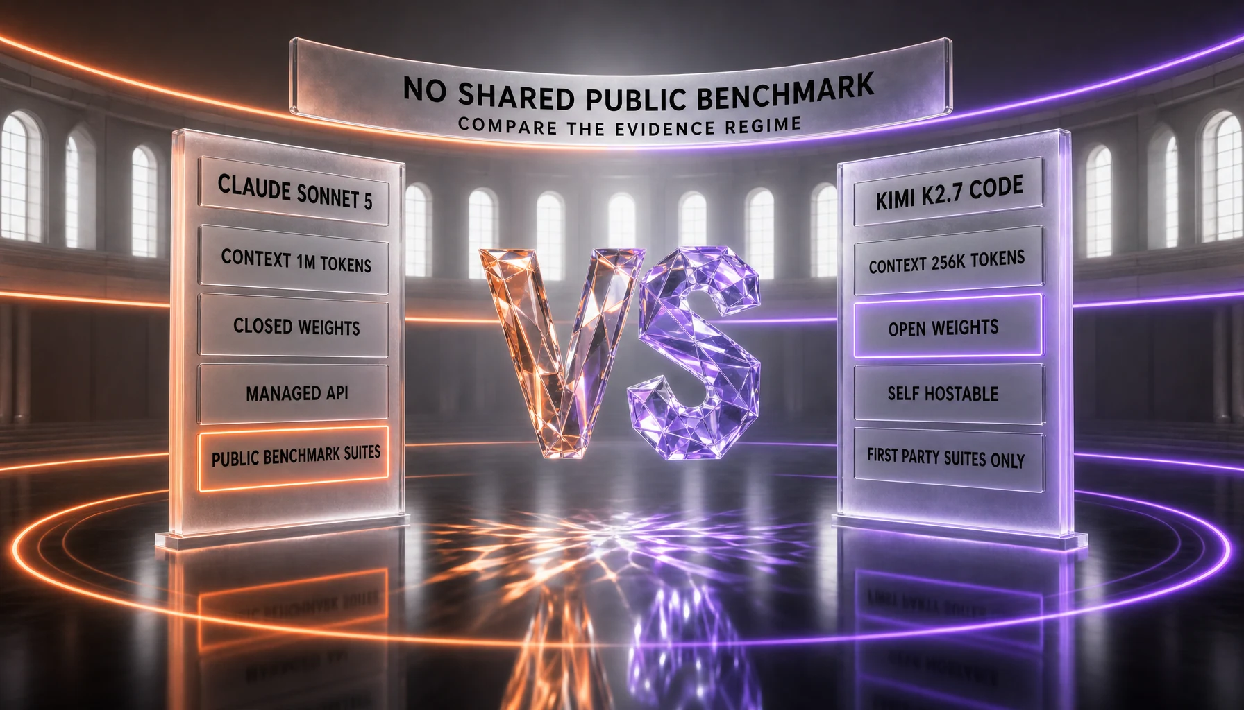 Claude Sonnet 5 versus Kimi K2.7 Code — a closed, managed mid-tier model with a 1M-token context reporting on public benchmark suites, against an open-weight challenger with a 256K-token context, self-hostable weights and first-party suites only