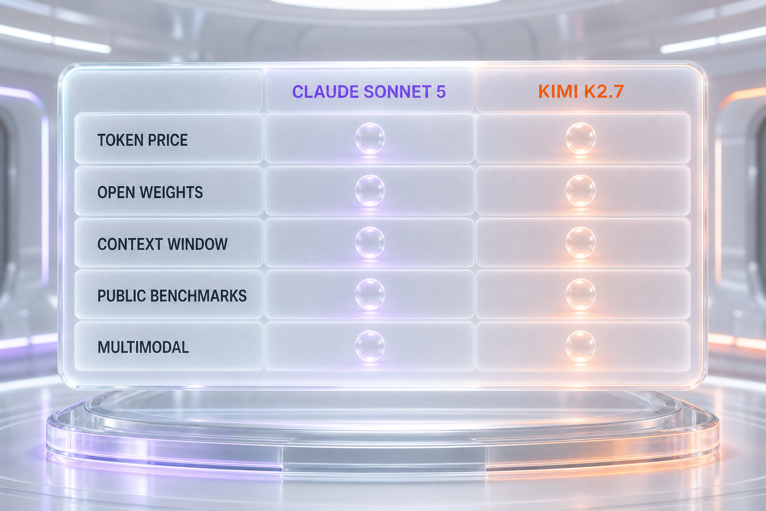 Claude Sonnet 5 versus Kimi K2.7 comparison table of price, openness, context and multimodal