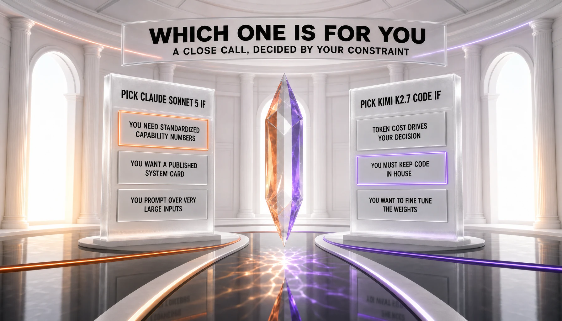 Which model to pick between Claude Sonnet 5 and Kimi K2.7 Code — choose Sonnet 5 if you need standardized capability numbers, want a published system card, or prompt over very large inputs; choose Kimi K2.7 Code if token cost drives your decision, you must keep code in house, or you want to fine-tune the weights