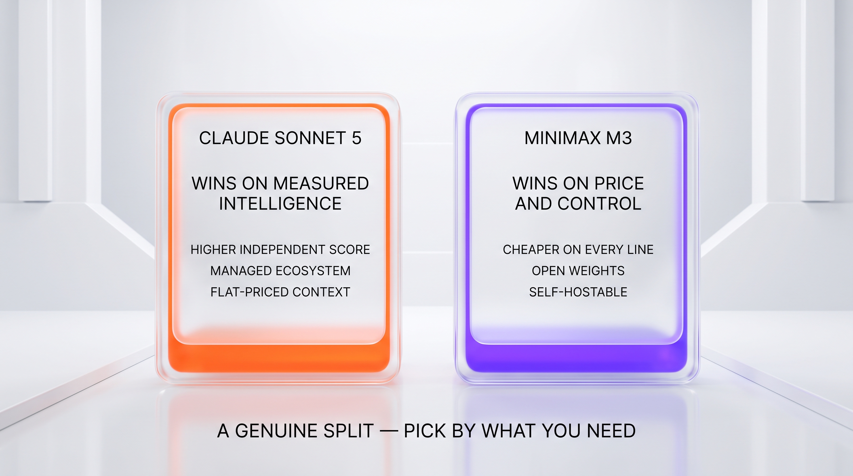 Split verdict: Claude Sonnet 5 wins on measured intelligence, managed ecosystem, and flat-priced context; MiniMax M3 wins on price, open weights, and self-hosting