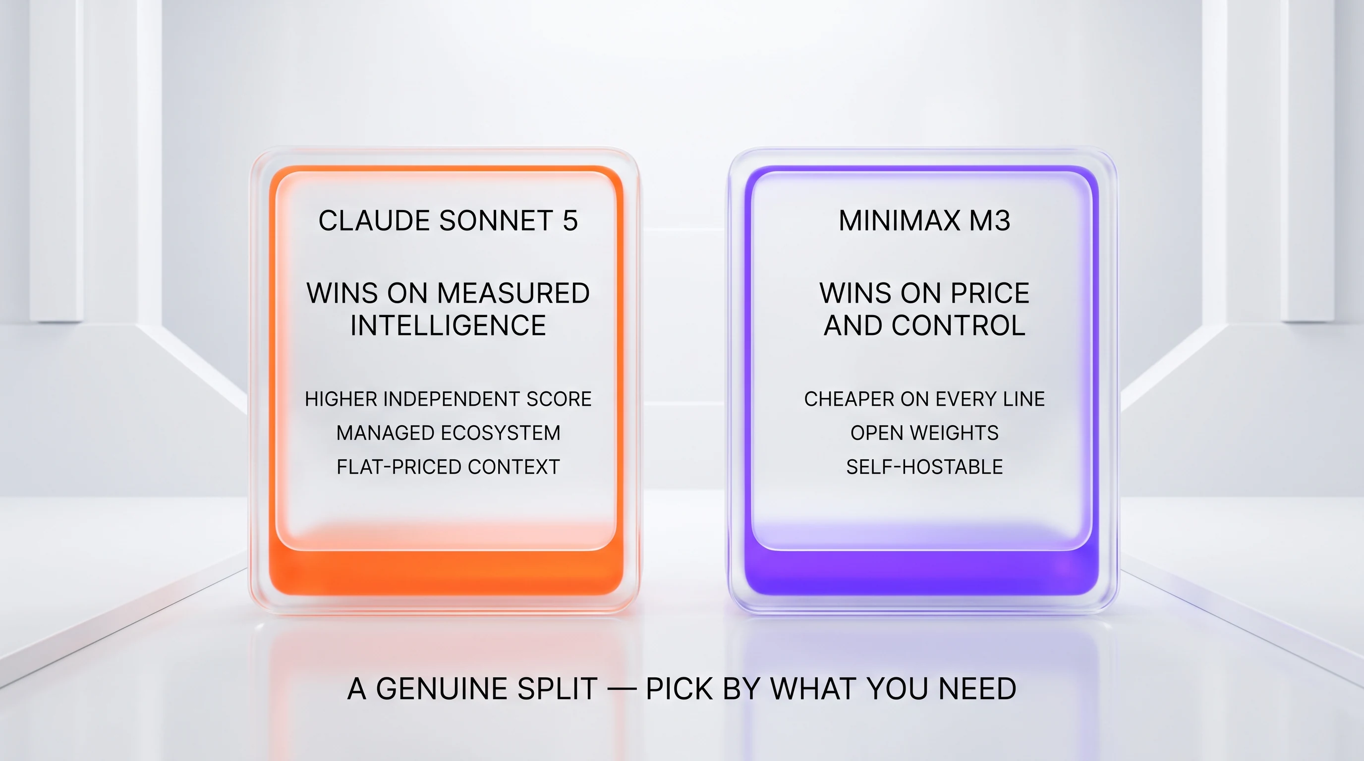 Split verdict: Claude Sonnet 5 wins on measured intelligence, managed ecosystem, and flat-priced context; MiniMax M3 wins on price, open weights, and self-hosting
