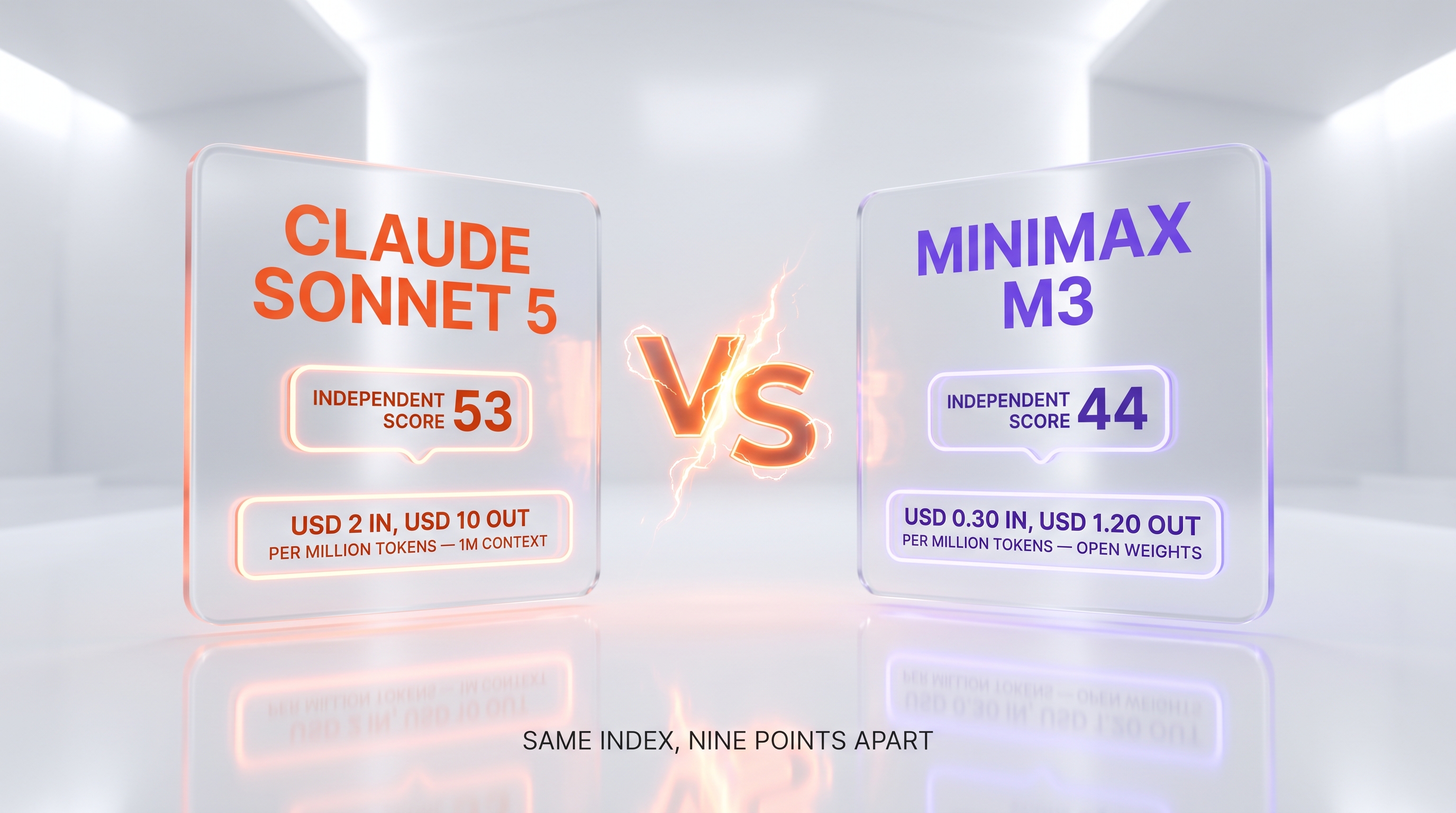 Claude Sonnet 5 versus MiniMax M3 — 53 against 44 on the independent Artificial Analysis Intelligence Index, USD 2 against USD 0.30 per million input tokens, USD 10 against USD 1.20 per million output tokens, both with a one-million-token context
