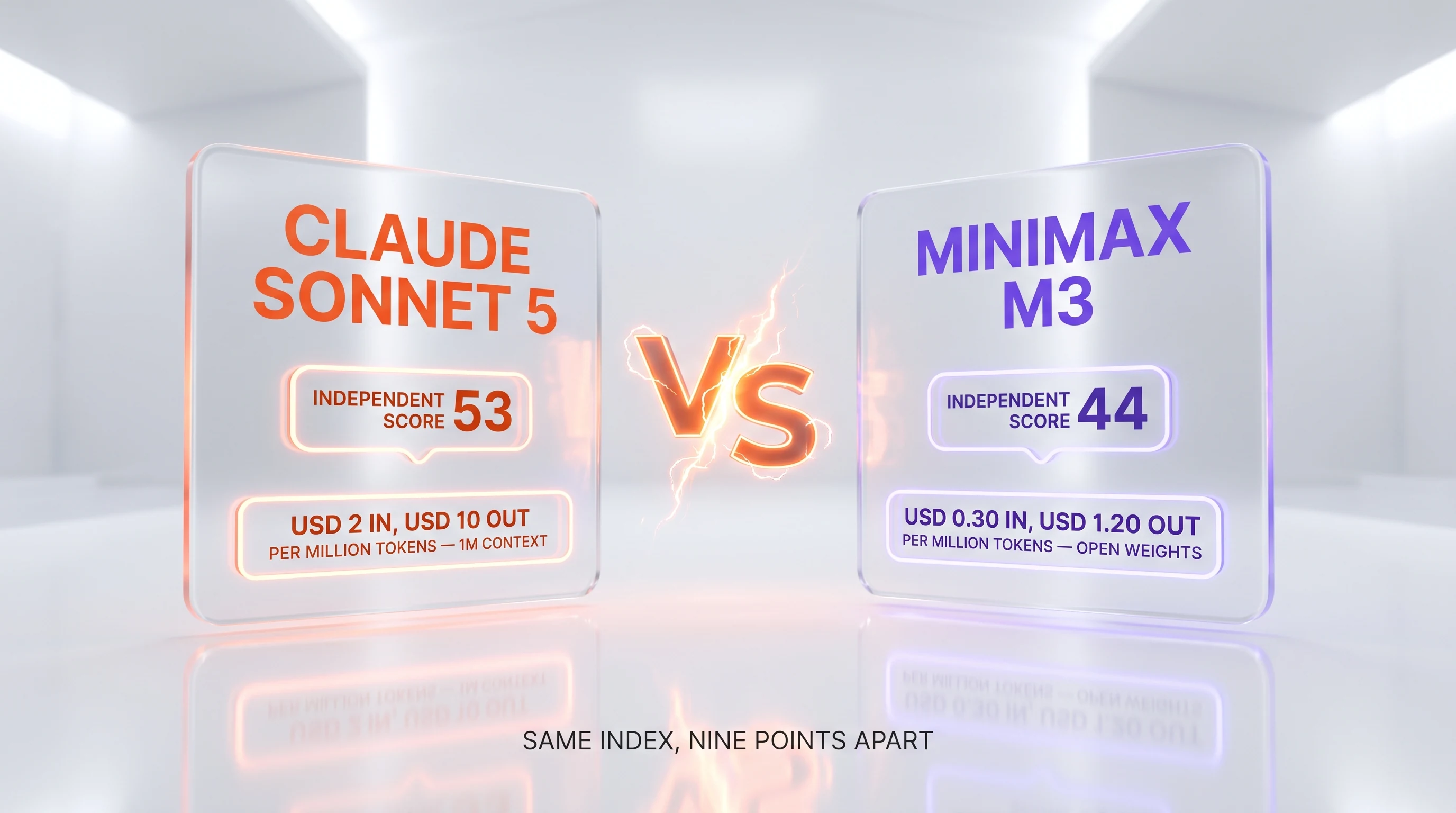 Claude Sonnet 5 versus MiniMax M3 — 53 against 44 on the independent Artificial Analysis Intelligence Index, USD 2 against USD 0.30 per million input tokens, USD 10 against USD 1.20 per million output tokens, both with a one-million-token context