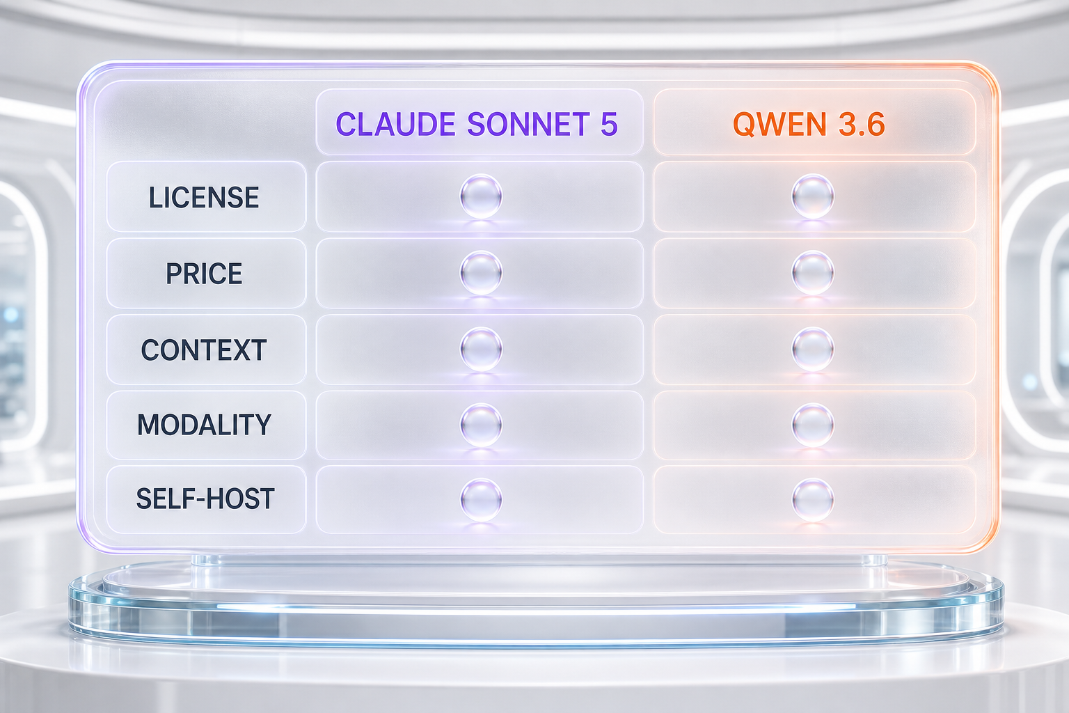 Infographic comparing Claude Sonnet 5 and Qwen 3.6 on license, price, context, modality, and self-hosting