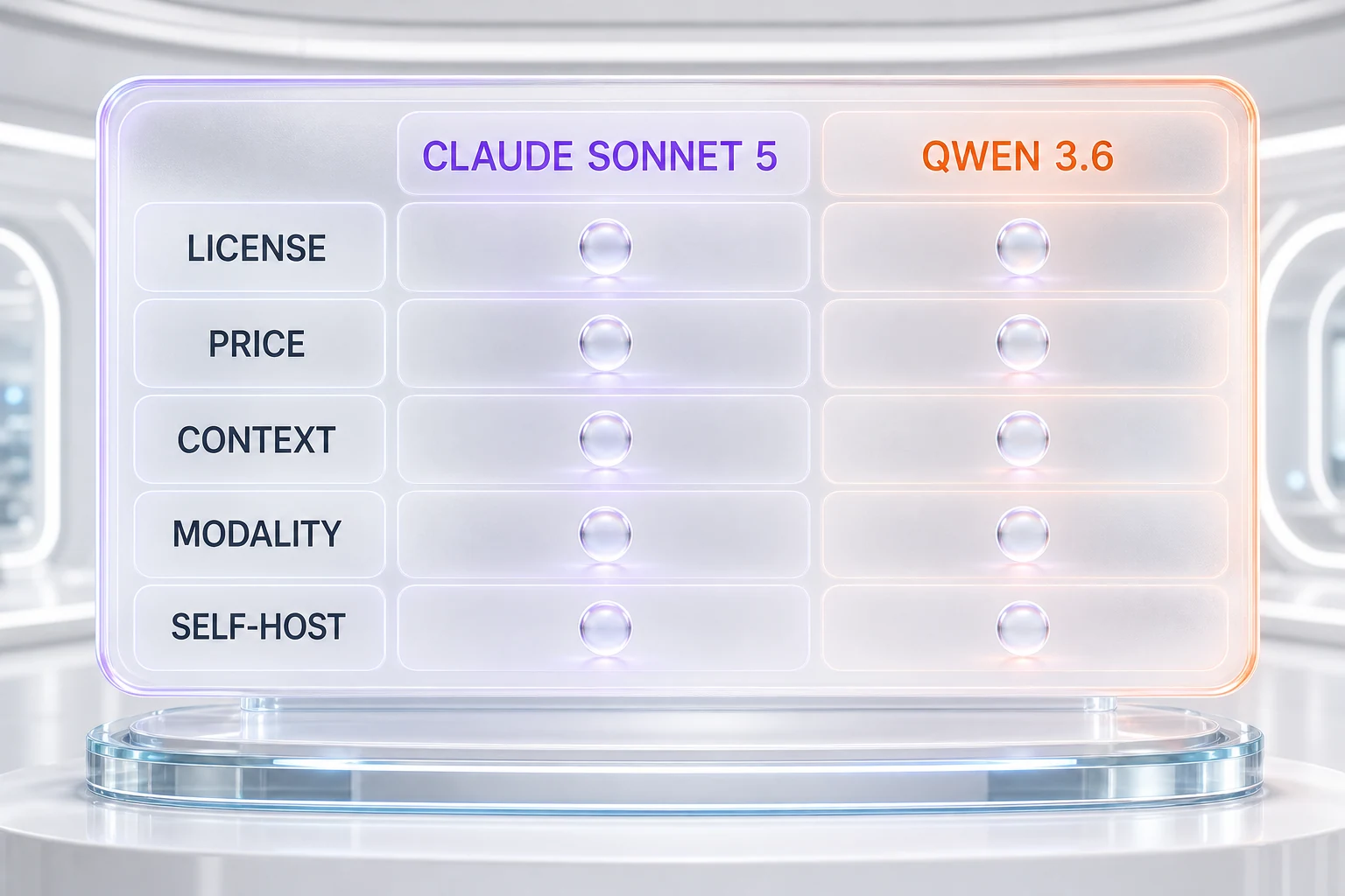 Infographic comparing Claude Sonnet 5 and Qwen 3.6 on license, price, context, modality, and self-hosting