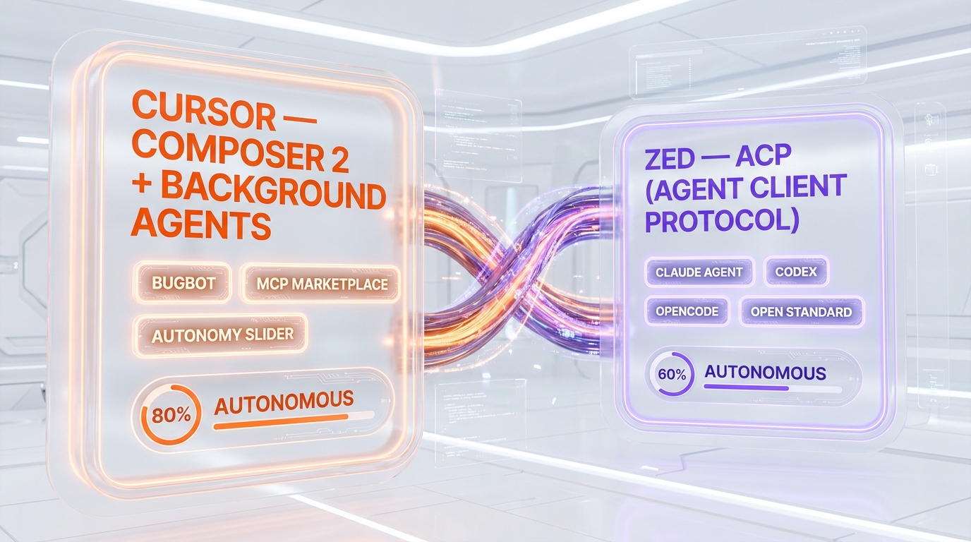Cursor Composer 2 Background Agents vs Zed ACP Agent Client Protocol side by side