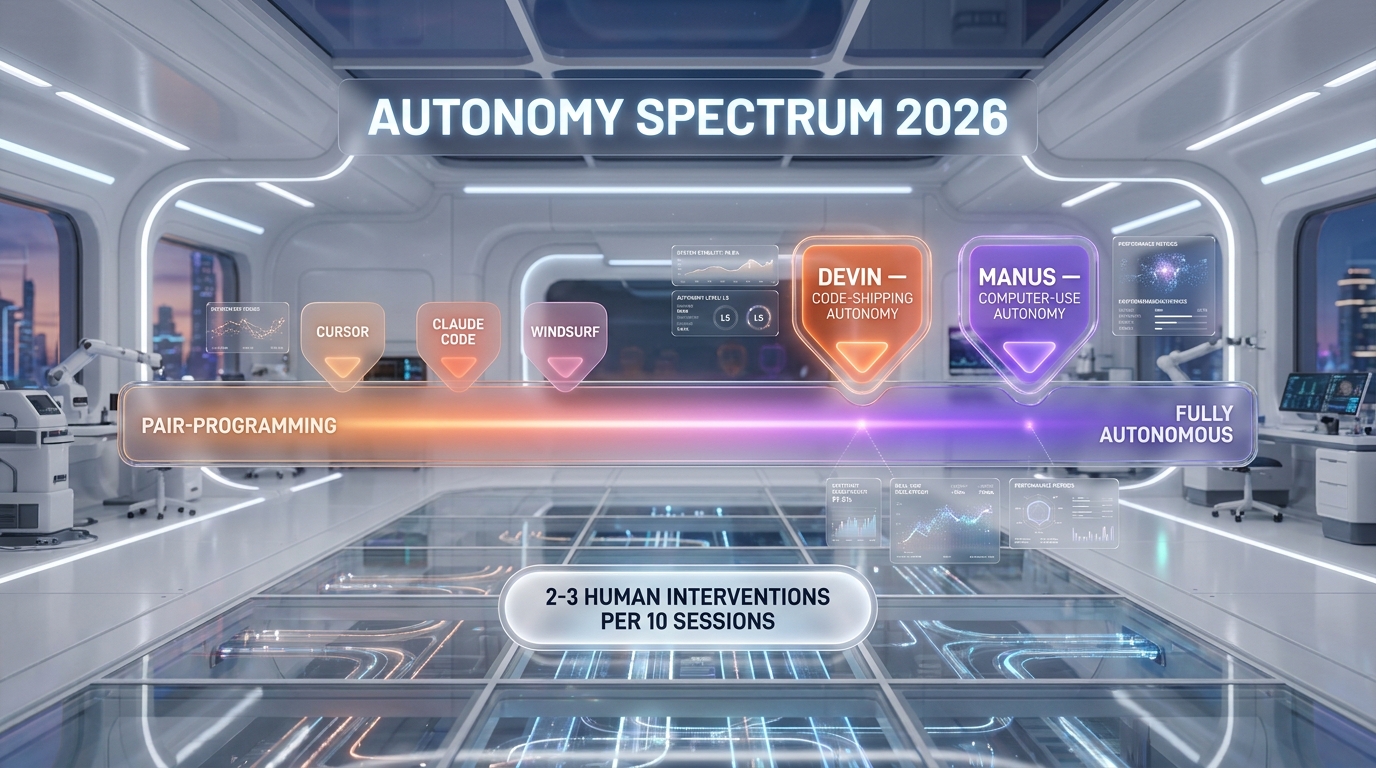 Autonomy spectrum diagram — Devin vs Manus positioning on the autonomous AI agent continuum 2026