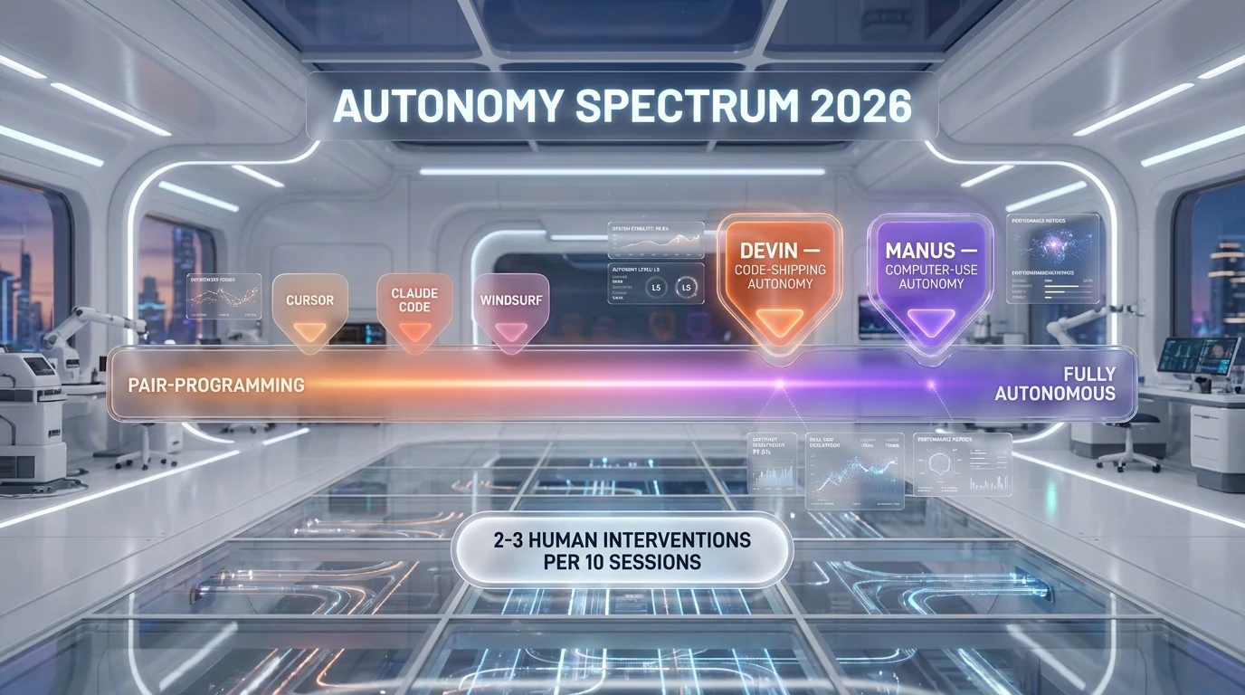 Autonomy spectrum diagram — Devin vs Manus positioning on the autonomous AI agent continuum 2026