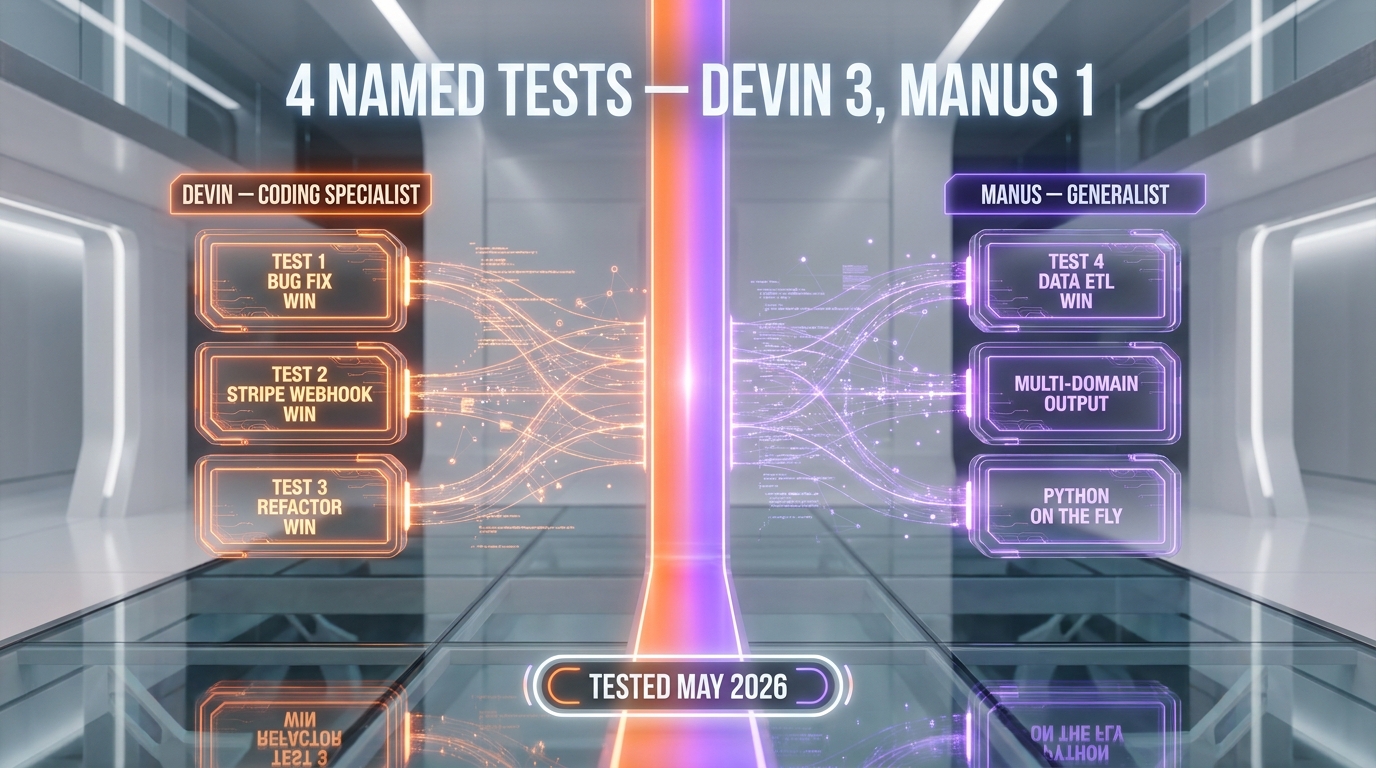 Coding specialist Devin vs generalist Manus — task split chart showing 4 tests results