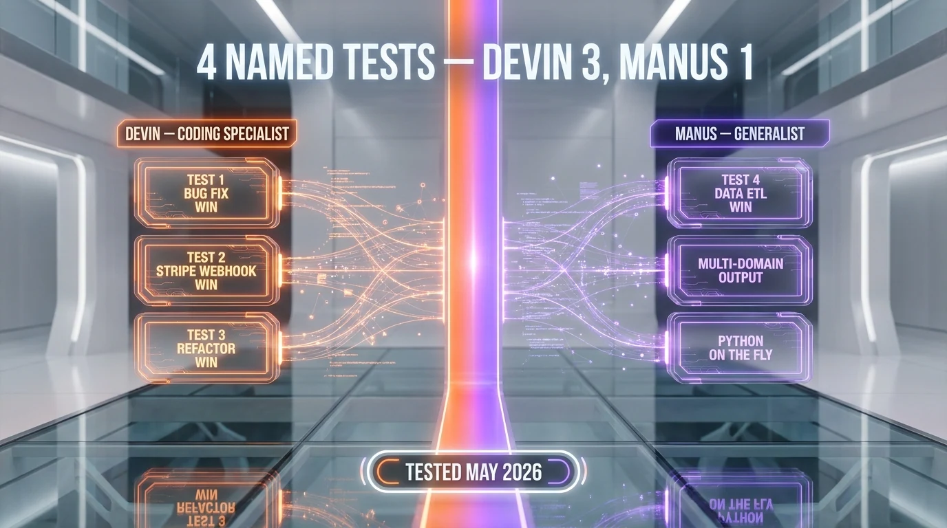 Coding specialist Devin vs generalist Manus — task split chart showing 4 tests results