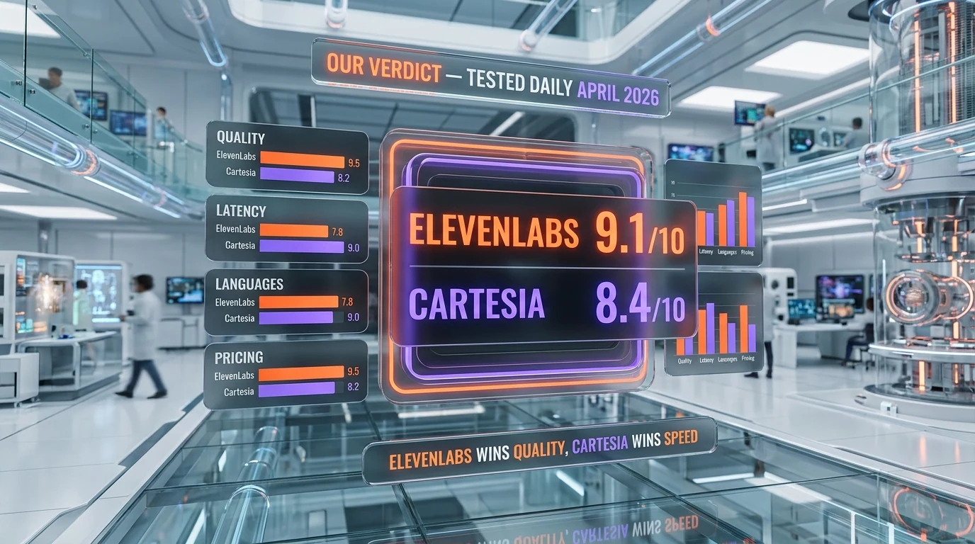 ElevenLabs vs Cartesia verdict — ElevenLabs wins on features and breadth, Cartesia wins on latency and value, score breakdown by category