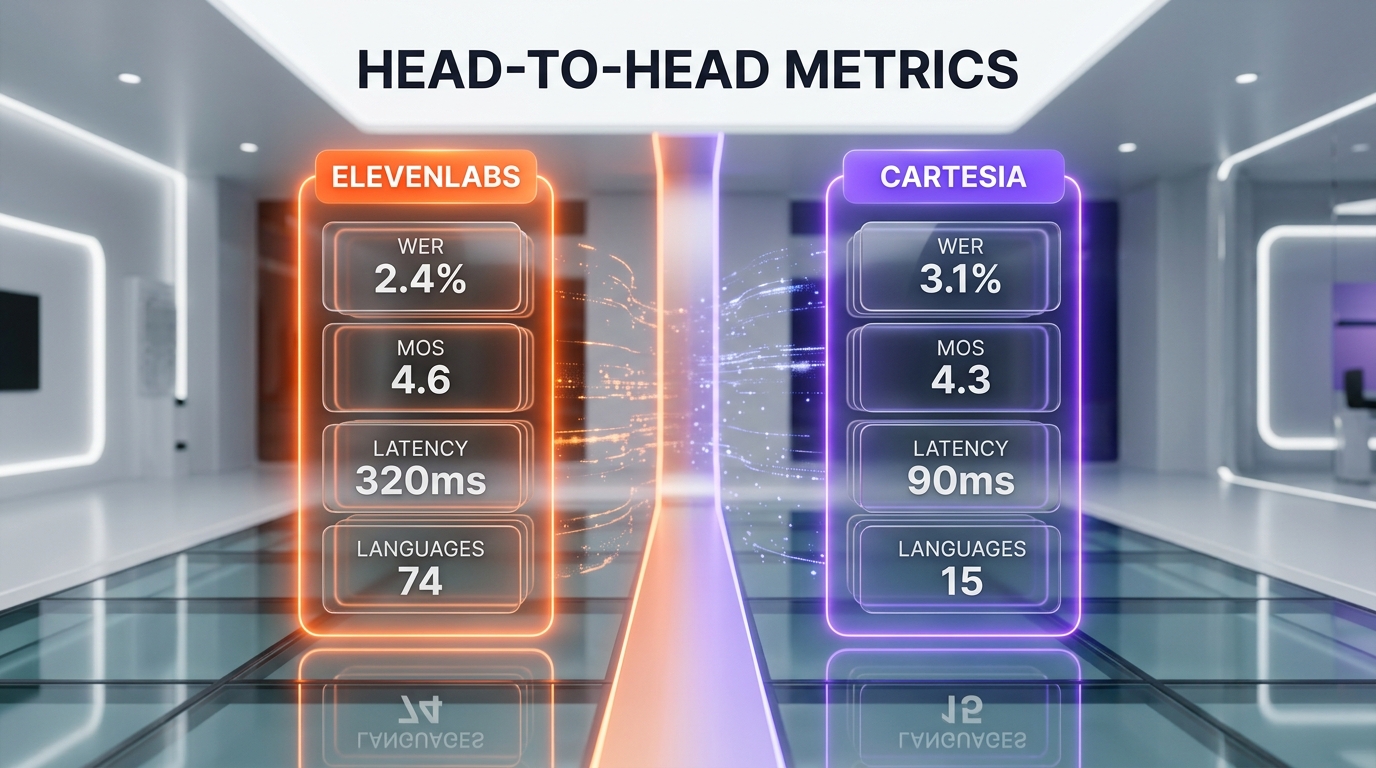 ElevenLabs vs Cartesia infographic — feature wins per category, latency 90ms vs 150ms, languages 70+ vs 40+, voice library 10000+ vs 130, per-character cost comparison