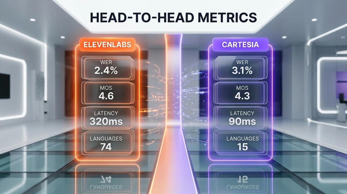 ElevenLabs vs Cartesia infographic — feature wins per category, latency 90ms vs 150ms, languages 70+ vs 40+, voice library 10000+ vs 130, per-character cost comparison
