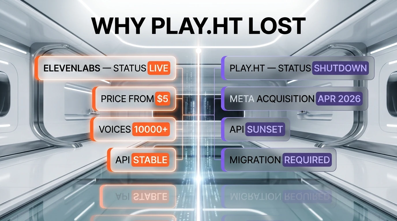 ElevenLabs vs Play.ht infographic — TTS Arena Elo 1196 vs offline, 70 plus languages vs deleted, sub-second latency vs API offline since July 2025