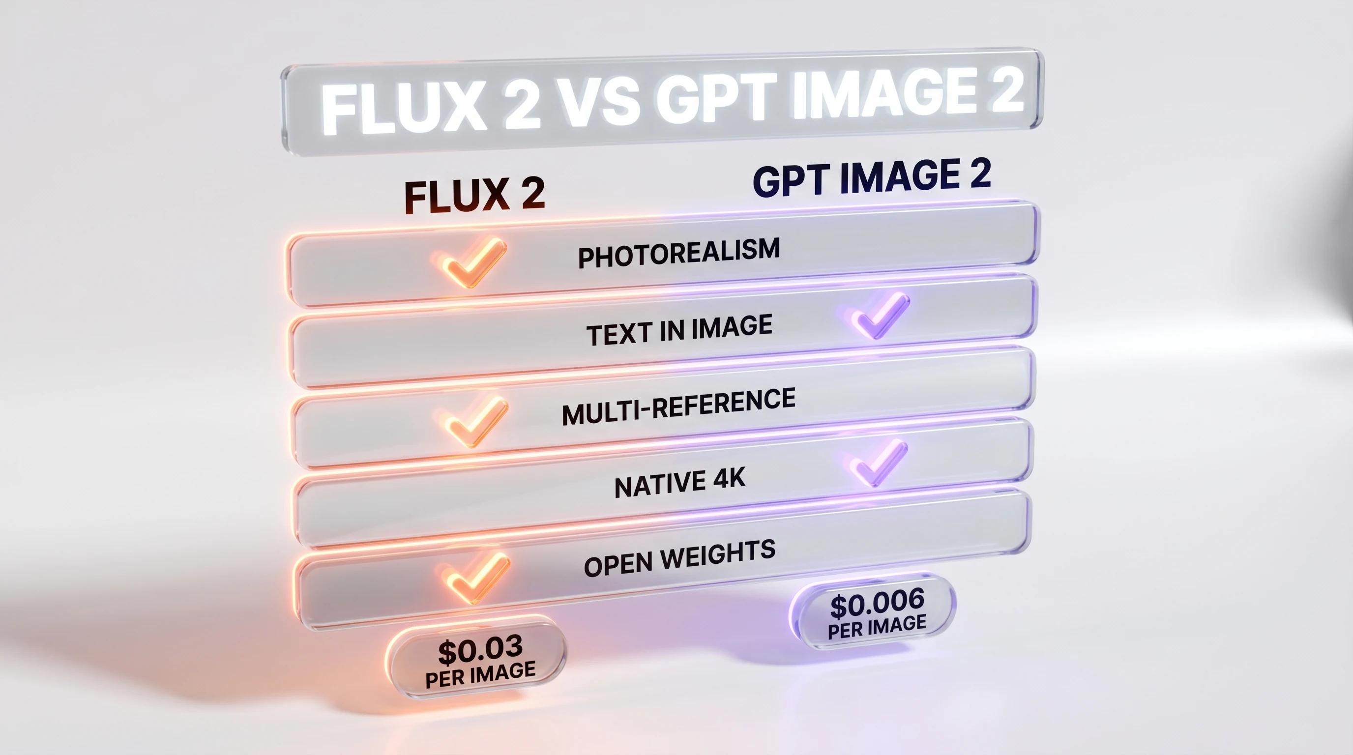 FLUX 2 vs GPT Image 2 feature comparison infographic — photorealism, text accuracy, max resolution, multi-reference, open weights, and price per image side by side