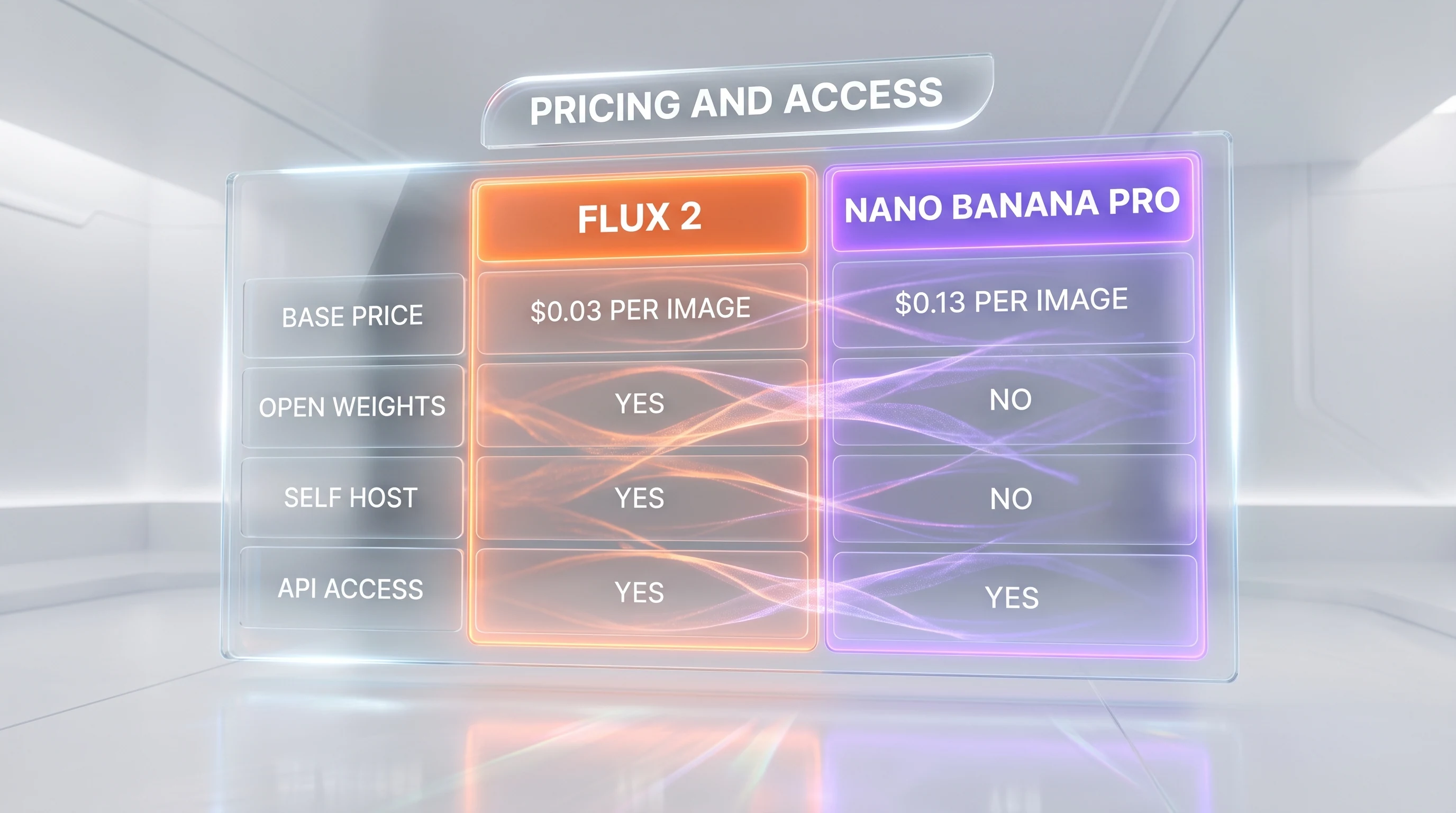FLUX 2 vs Nano Banana Pro feature comparison — pricing per image, max resolution, reference image support, open weights versus closed API