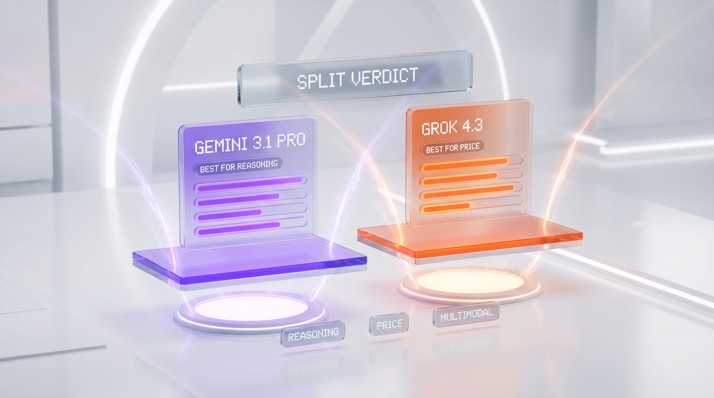Verdict visualization showing two AI model cards with category score bars in a split decision