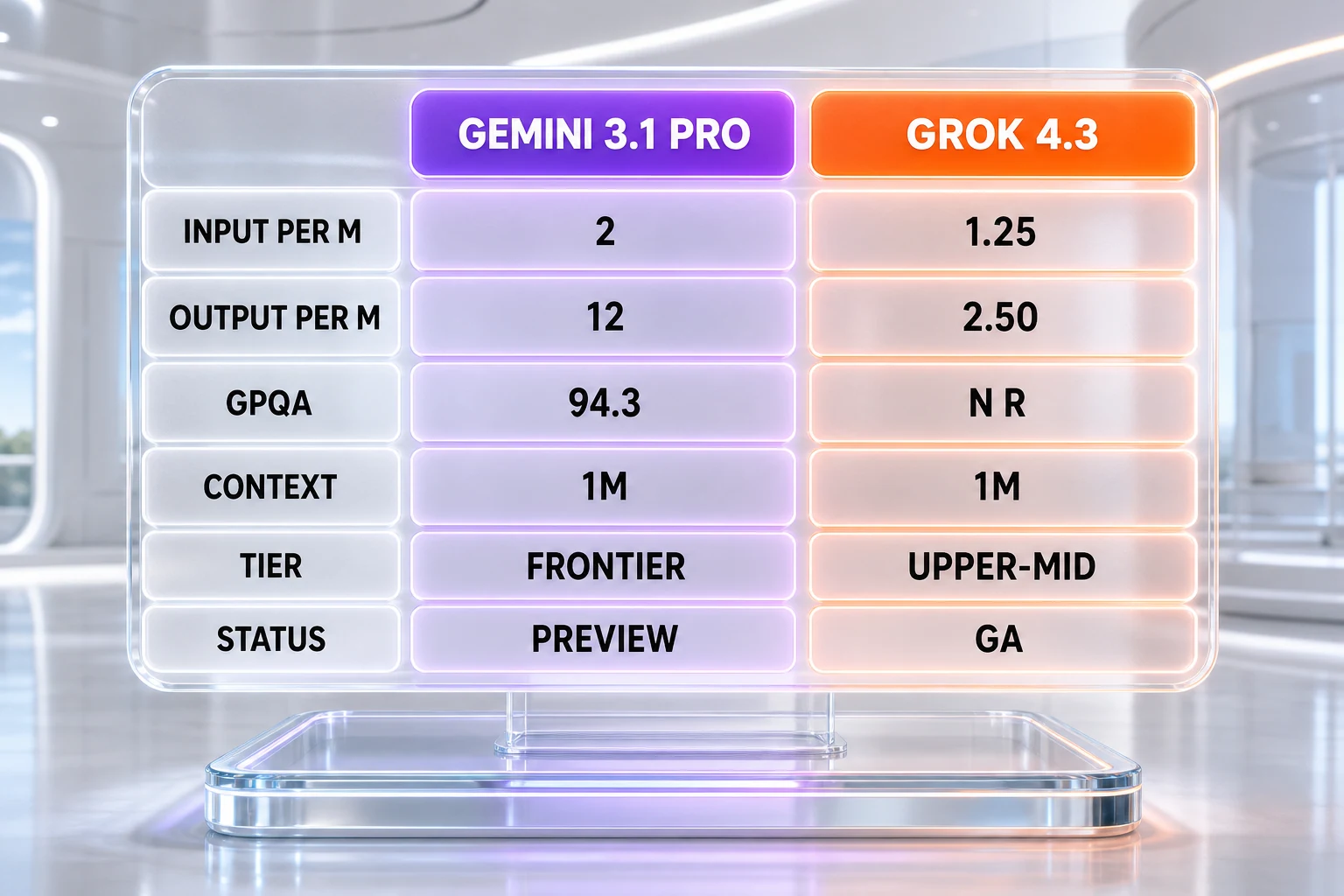 Holographic comparison table of benchmark and pricing values for two frontier AI models
