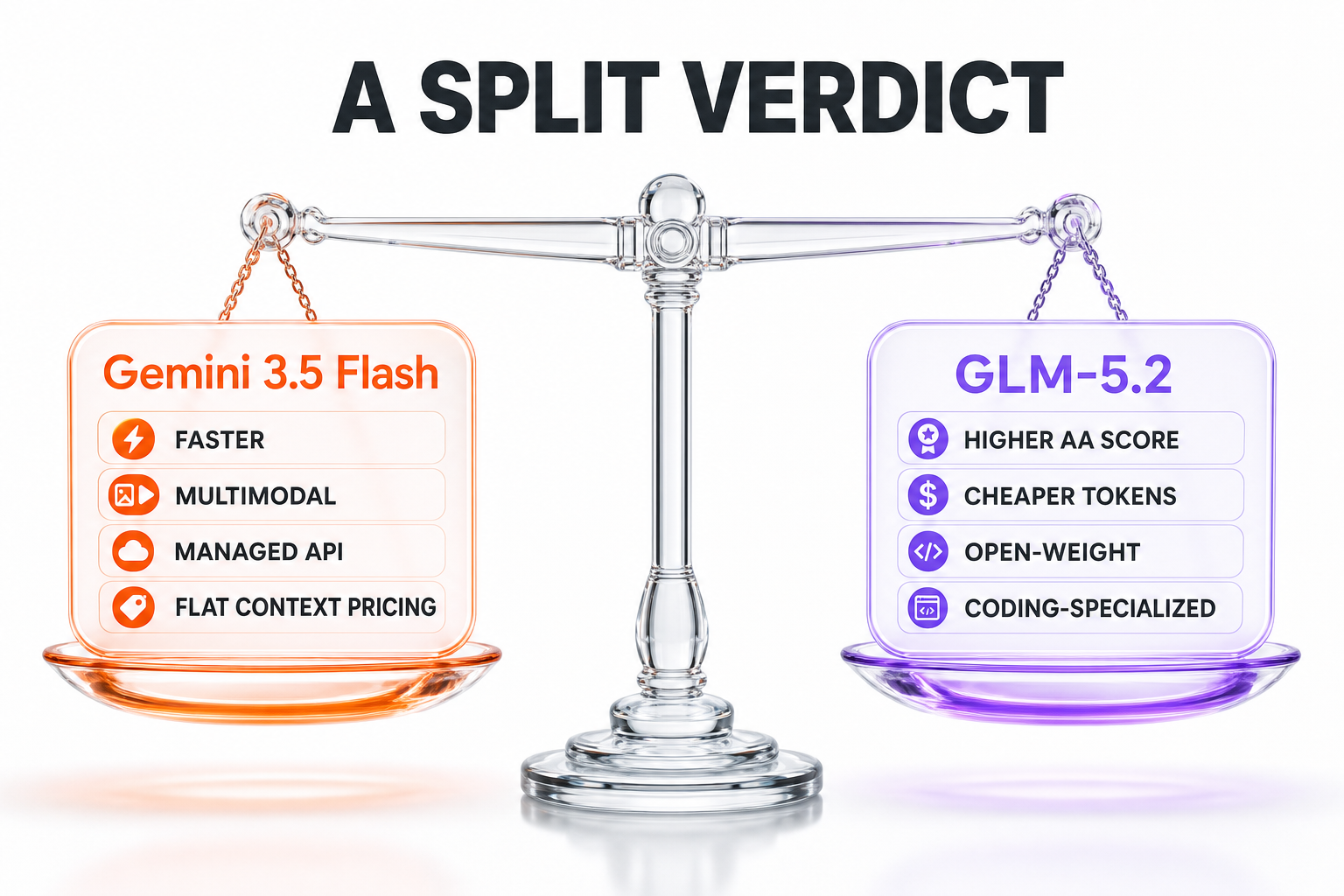 Gemini 3.5 Flash vs GLM-5.2 split verdict — Gemini wins speed, multimodal, managed API and flat context pricing; GLM-5.2 wins higher AA score, cheaper tokens, open-weight and coding specialization
