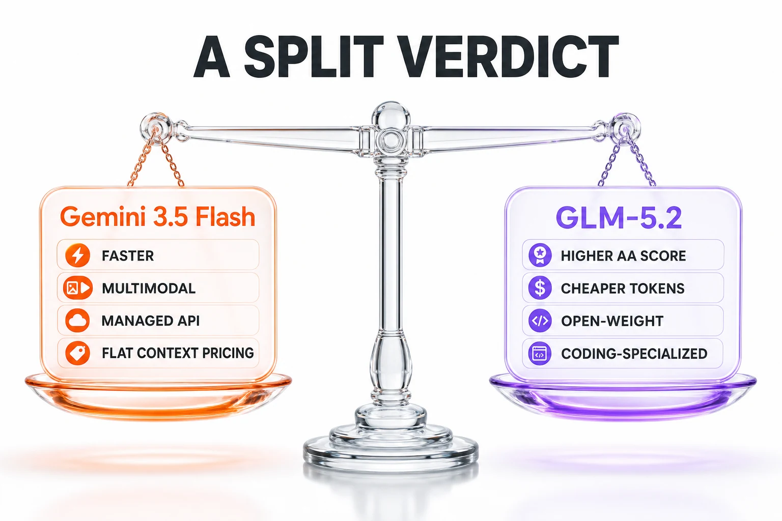 Gemini 3.5 Flash vs GLM-5.2 split verdict — Gemini wins speed, multimodal, managed API and flat context pricing; GLM-5.2 wins higher AA score, cheaper tokens, open-weight and coding specialization