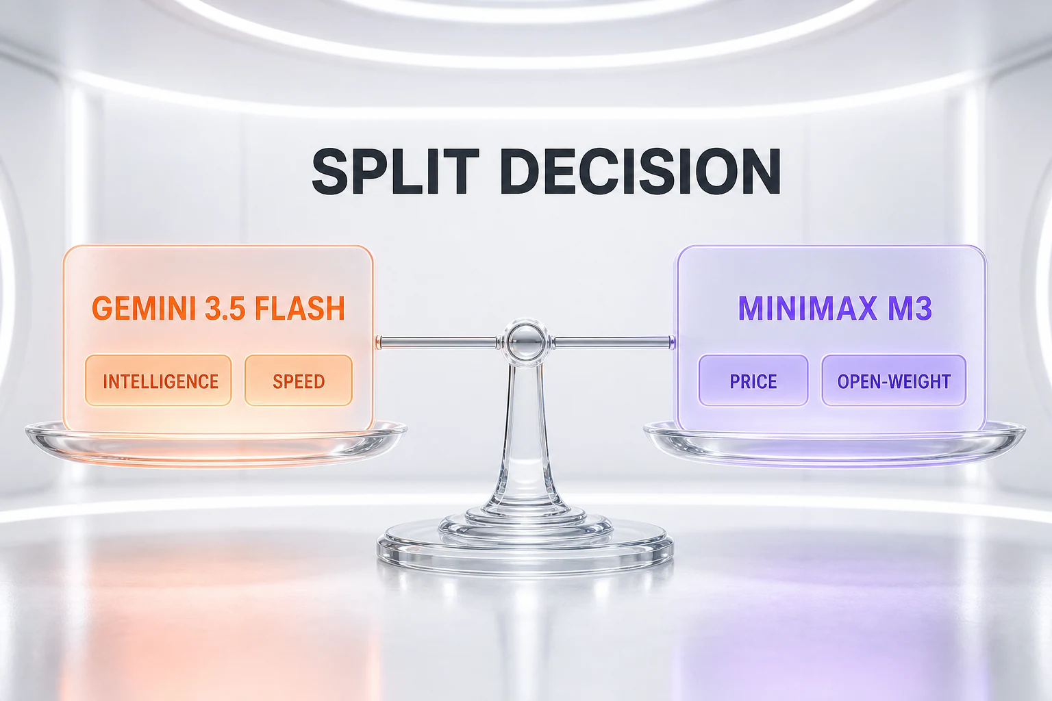 Verdict chart - a split decision: Gemini 3.5 Flash wins measured intelligence and speed, MiniMax M3 wins price and open-weight self-hosting, shown on a perfectly balanced scale