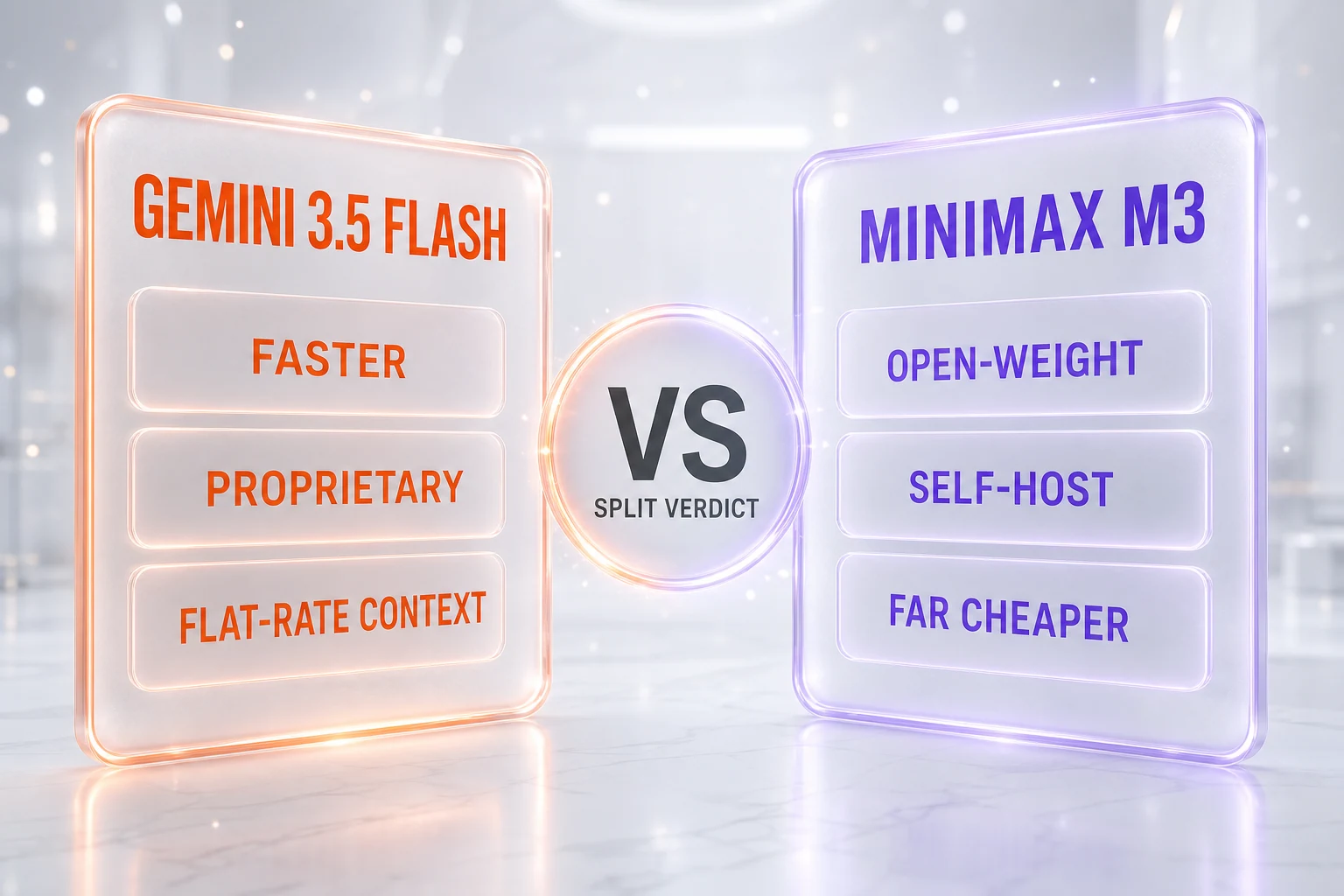 Gemini 3.5 Flash vs MiniMax M3 comparison illustration - Google's fast, proprietary managed model against MiniMax's open-weight, self-hostable budget model, with independent scores and vendor-verified pricing compared side by side by ThePlanetTools
