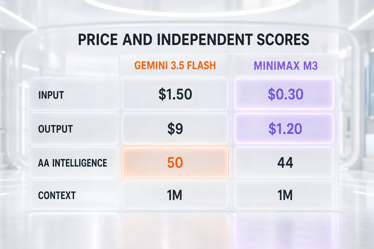 Gemini 3.5 Flash vs MiniMax M3 infographic - input price, output price, the independent Artificial Analysis Intelligence Index 50 to 44, and context window compared side by side, with each row highlighting the winner and the tied context row highlighting neither