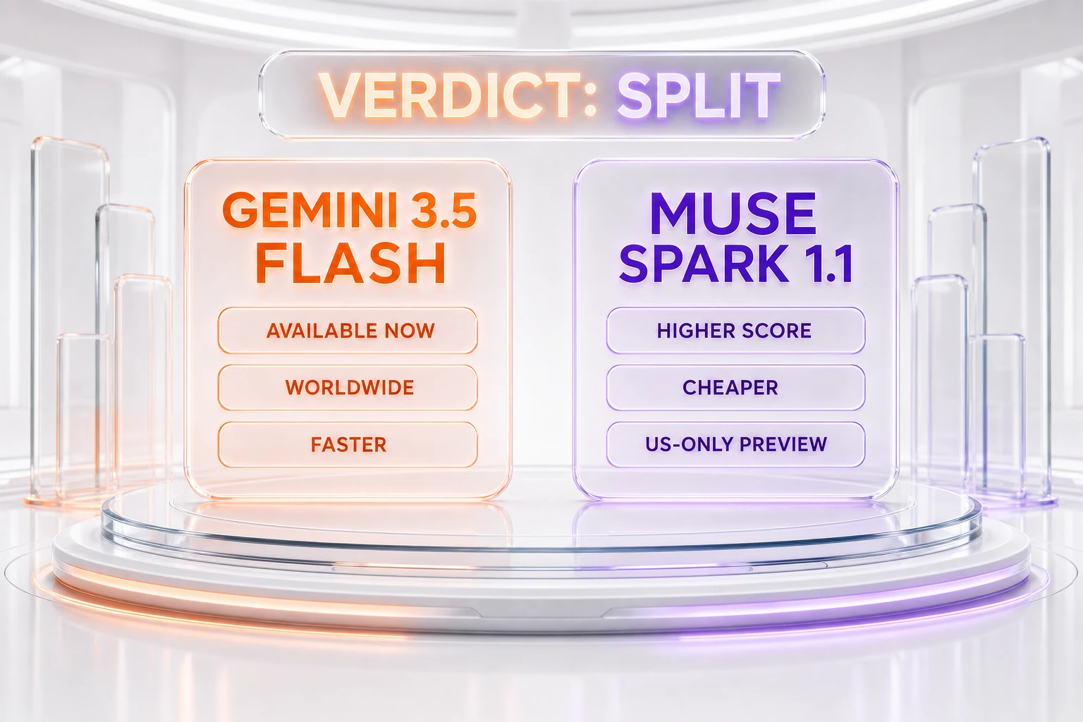 Split verdict chart — Gemini 3.5 Flash wins available now, worldwide, and faster; Muse Spark 1.1 wins higher score, cheaper, but is a US-only preview
