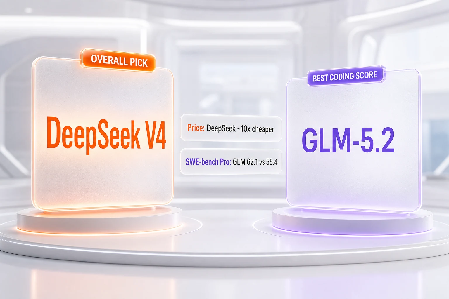 Verdict chart: DeepSeek V4 takes the overall pick on price and verified breadth, while GLM-5.2 leads the head-to-head SWE-bench Pro coding score — a split decision