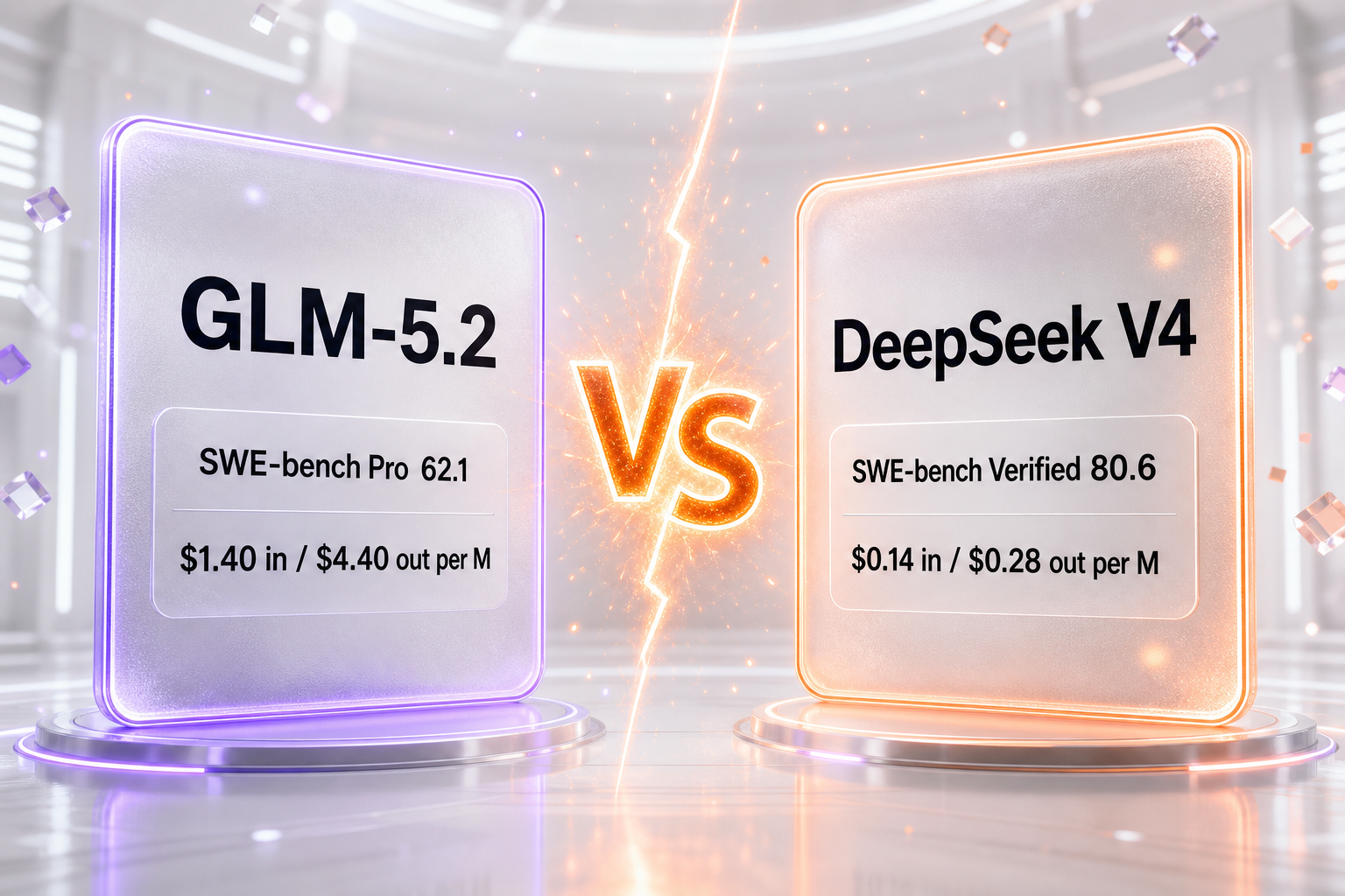 GLM-5.2 versus DeepSeek V4 head-to-head showdown — two glassmorphism model cards facing off with SWE-bench Pro scores and per-million-token pricing