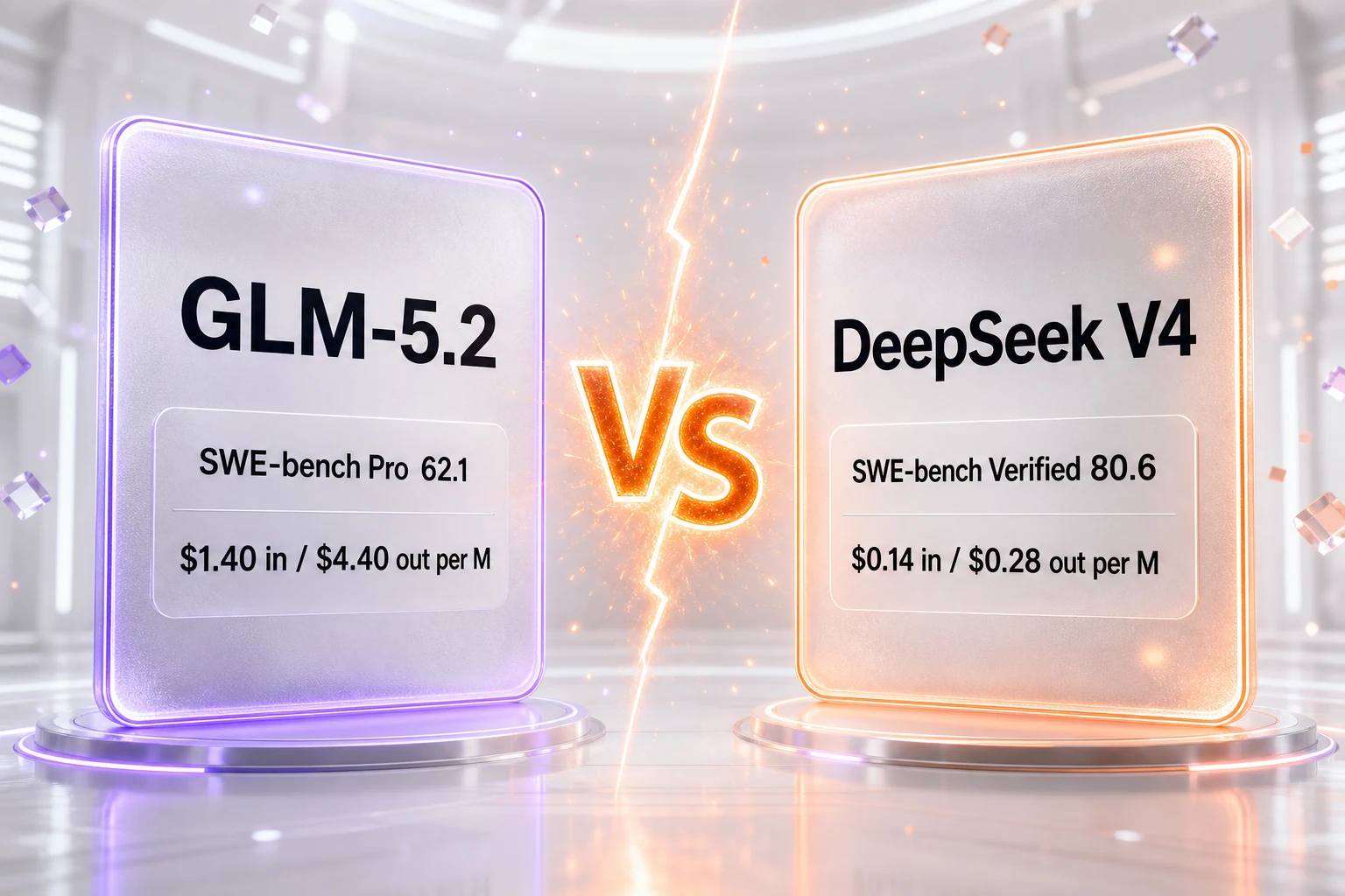 GLM-5.2 versus DeepSeek V4 head-to-head showdown — two glassmorphism model cards facing off with SWE-bench Pro scores and per-million-token pricing