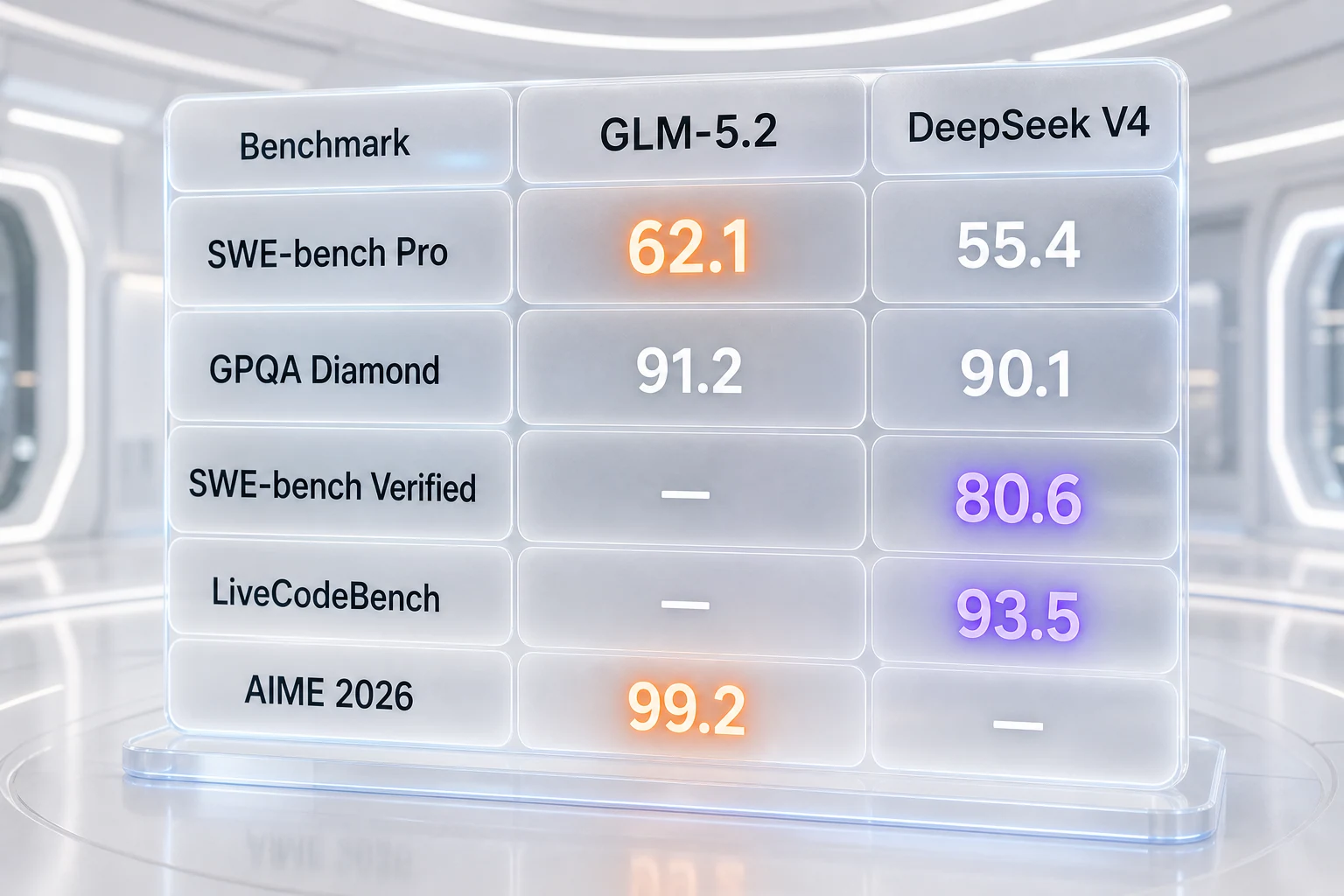 Benchmark comparison infographic: GLM-5.2 leads SWE-bench Pro 62.1 to 55.4 and ties GPQA Diamond 91.2 to 90.1, while DeepSeek V4 adds SWE-bench Verified 80.6 and LiveCodeBench 93.5