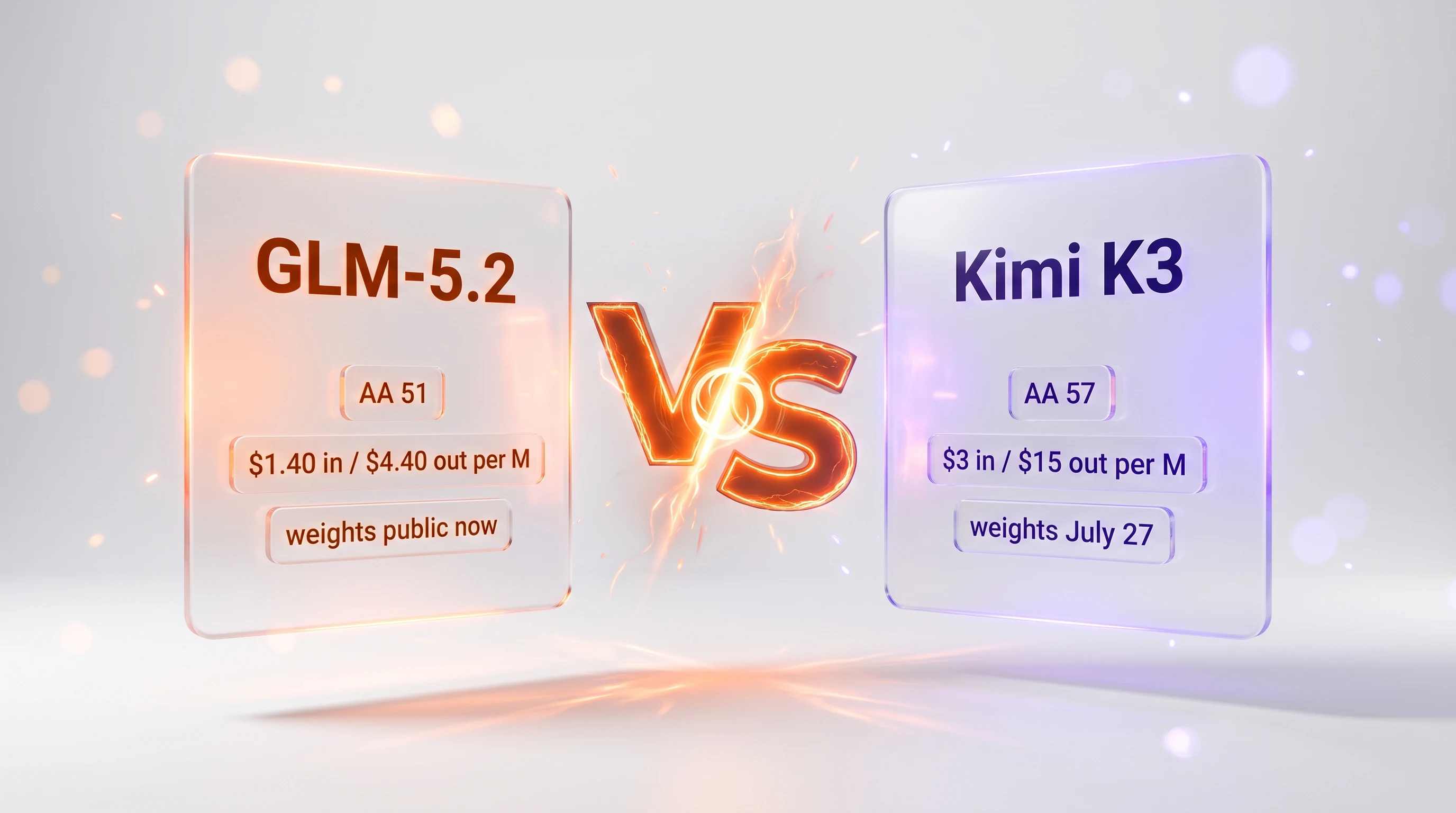 GLM-5.2 versus Kimi K3 head-to-head showdown — two glassmorphism model cards facing off with Artificial Analysis intelligence scores and per-million-token pricing