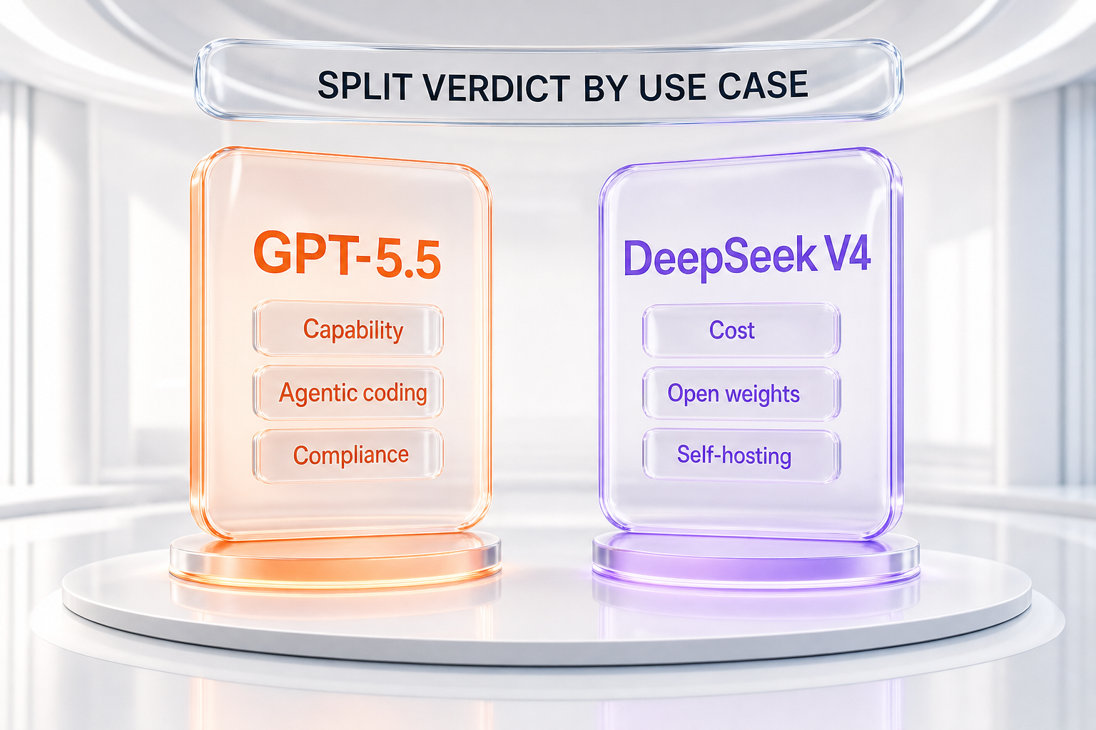 Verdict chart — GPT-5.5 wins capability and compliance, DeepSeek V4 wins cost and open weights, split by use case