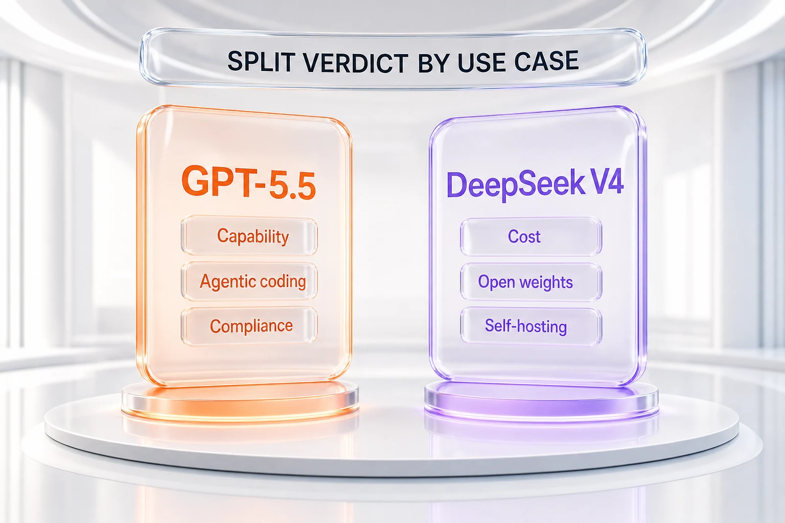 Verdict chart — GPT-5.5 wins capability and compliance, DeepSeek V4 wins cost and open weights, split by use case