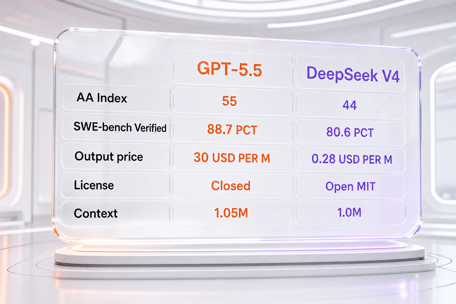 GPT-5.5 vs DeepSeek V4 comparison table — Intelligence Index, SWE-bench Verified, output pricing, license, and context window side-by-side